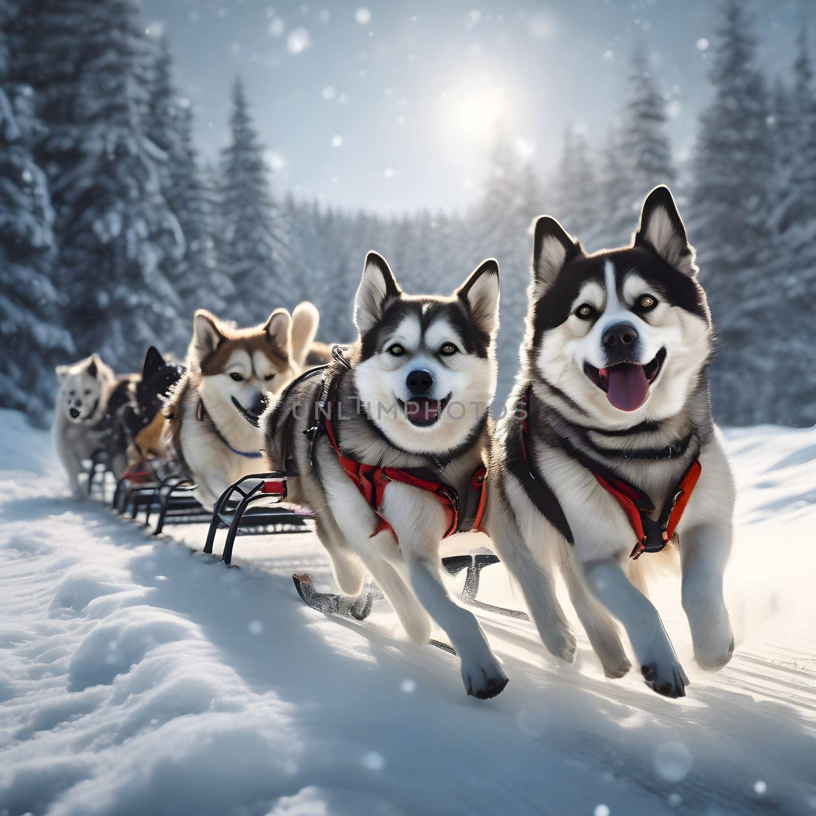 Dog team pulls a sleigh in the depths of Alaska