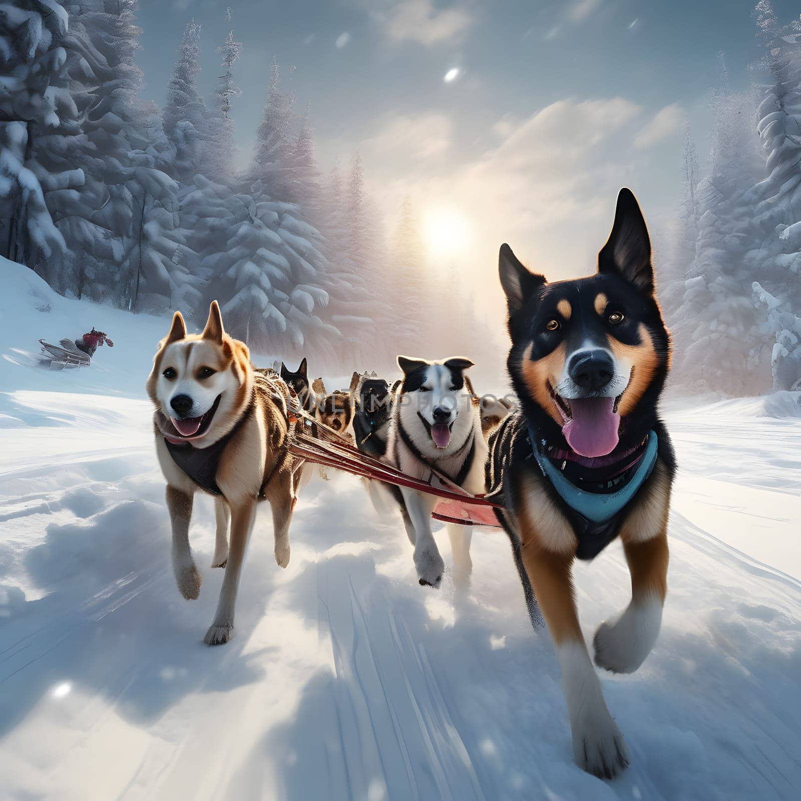 Dog team pulls a sleigh in the depths of Alaska