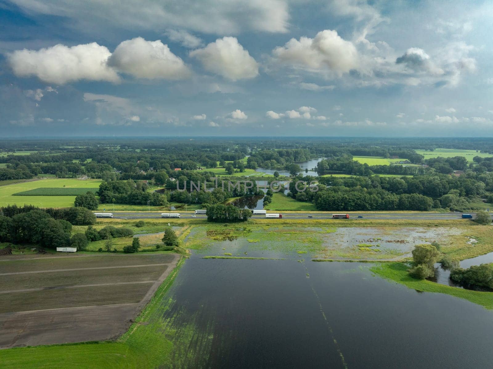 aerial view of flooded rural landscape in the netherlands