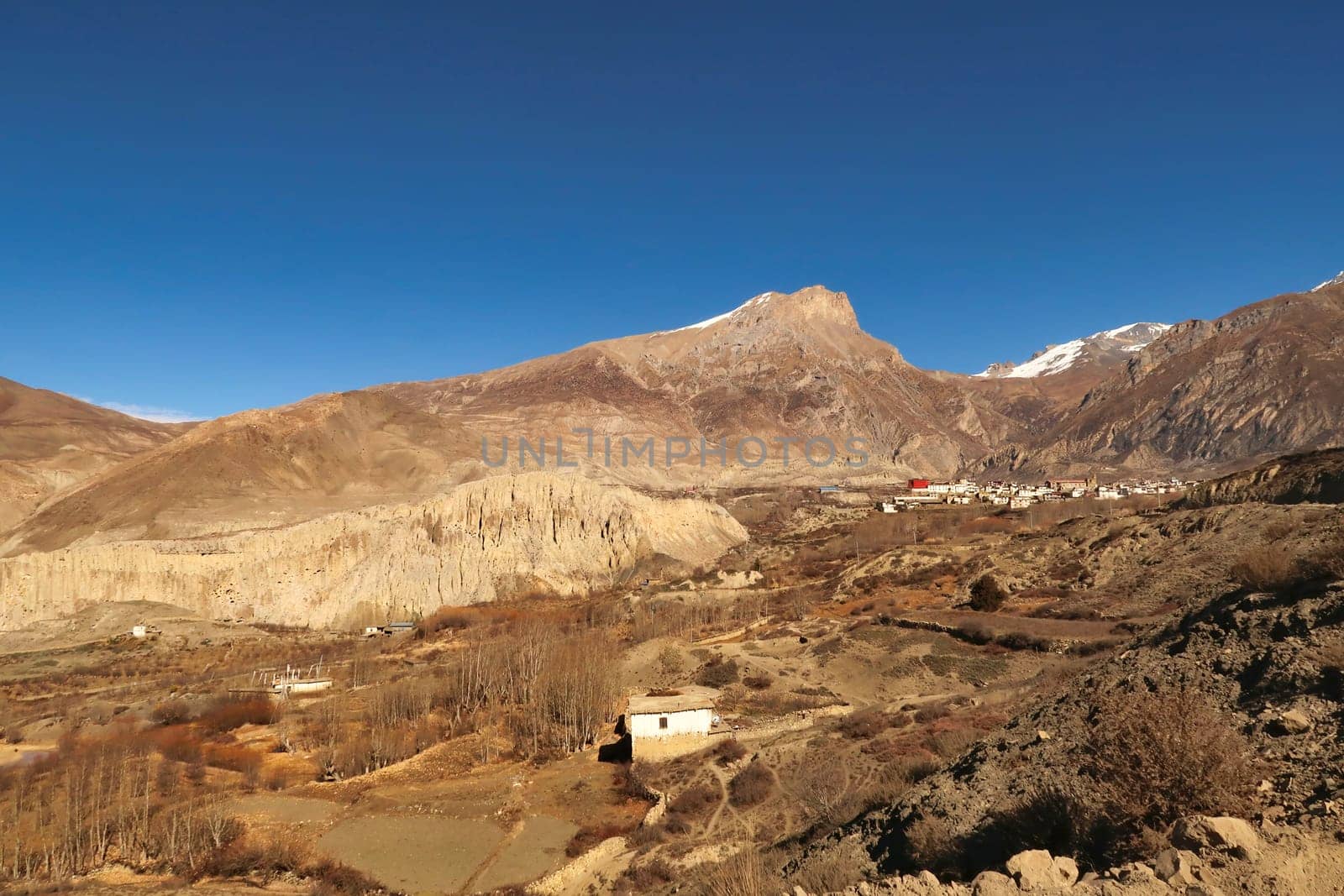 Farmland, rural landscape below the traditional village of Jharkot in front of Thorong, Thorung, Thorang La Pass, close to Muktinath, Annapurna Circuit Trek, Nepal 2022