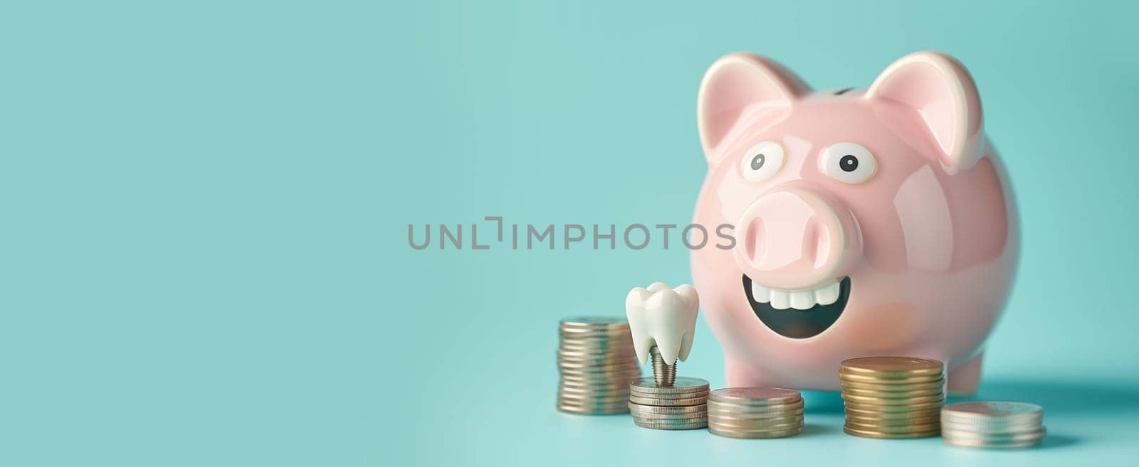 Tooth on a pile of coins, piggy bank, medical care and insurance, saving money for dental treatment, fillings, dentures and prostheses