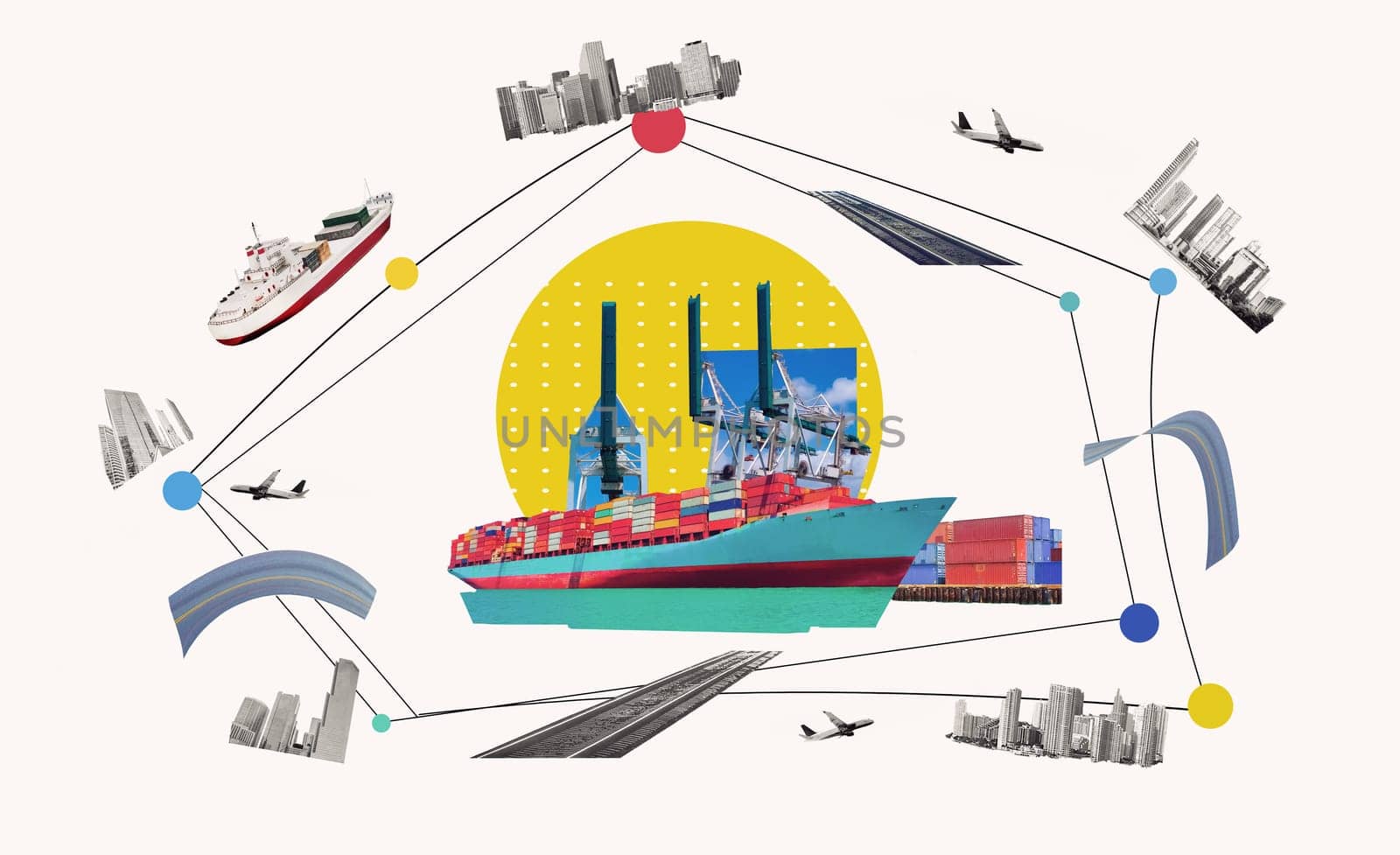 Industrial container cargo freight ship for import or export in port. Abstract design background, trucks and transport. Highway and delivering. Collage with globe. Logistics concept