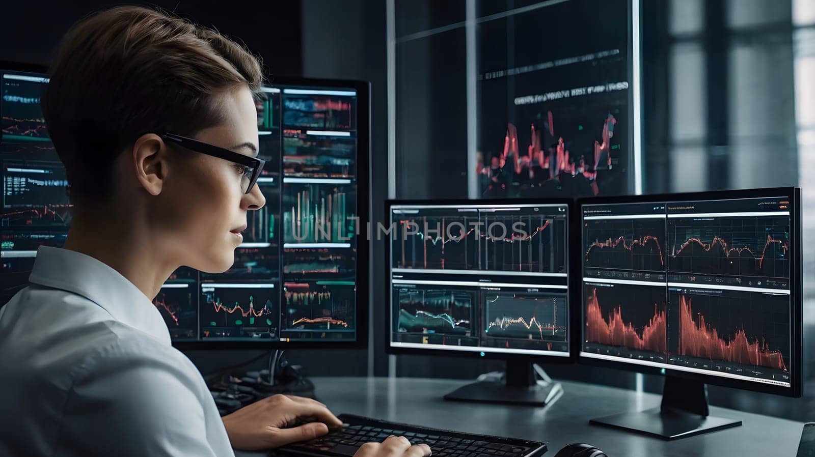 A financial analyst is focused on interpreting complex market data displayed across several high-resolution screens. The workspace is equipped with advanced technology, and charts with varying colors illustrate real-time market trends. The analyst's concentrated expression highlights the importance of precise data analysis in financial decision-making.