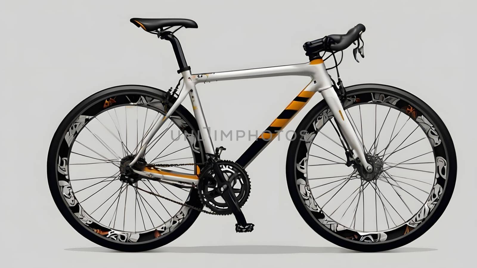 A modern mountain bicycle features a striking design with a blend of black, white, and orange colors. It is showcased in a standing position, highlighting its sturdy frame, intricate wheel design, and advanced components. This bike reflects a contemporary aesthetic suitable for outdoor adventures.