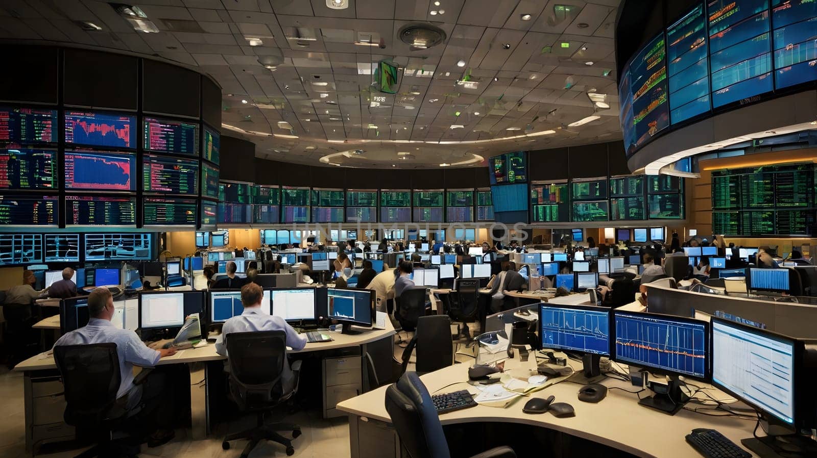 A bustling financial trading floor features numerous traders focused on their screens displaying live market data. The atmosphere is filled with energy as teams analyze stock trends and make quick investment decisions. Multiple display screens showcase real-time statistics, charts, and global market updates, emphasizing a high-stakes environment.