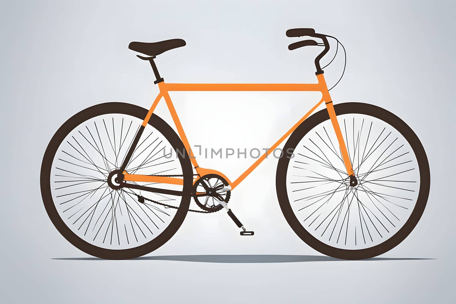 A classic orange bicycle stands prominently against a light backdrop, showcasing its sleek design and black components. The bike features slender tires and a traditional frame, inviting views of its simple yet functional aesthetic.