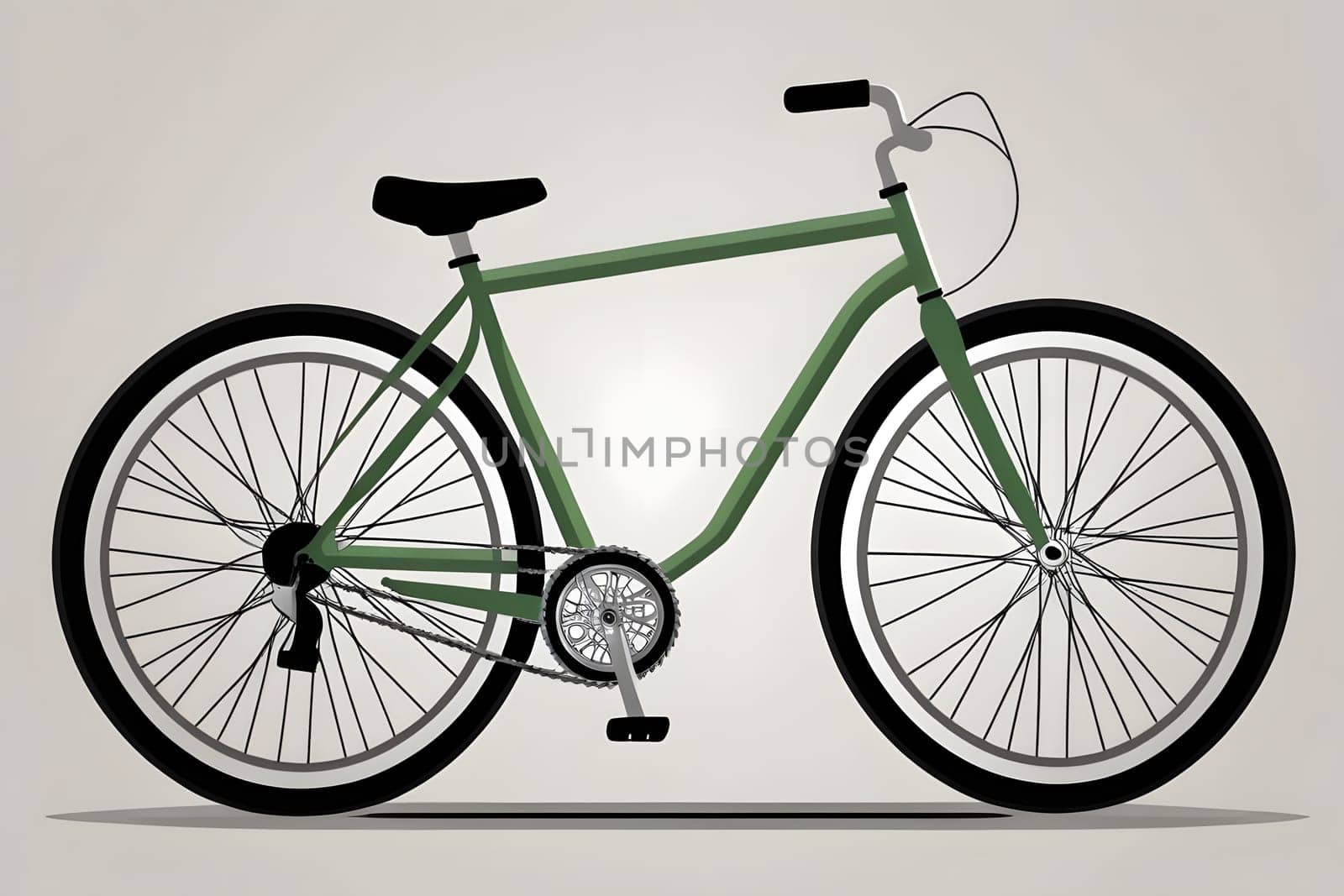 A green bicycle is prominently displayed against a simple neutral backdrop. The design features a sleek frame with thin tires, showcasing the bike's immaculate structure and minimalist aesthetic. This bicycle represents a blend of functionality and style, appealing to cycling enthusiasts.
