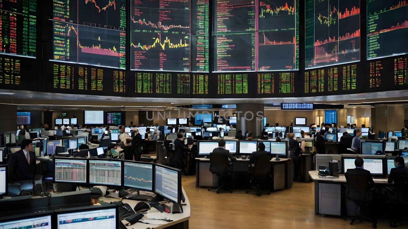 A bustling financial trading floor is filled with traders intently monitoring various screens displaying stock market data and charts. The atmosphere is focused and dynamic as individuals make strategic decisions based on real-time information.