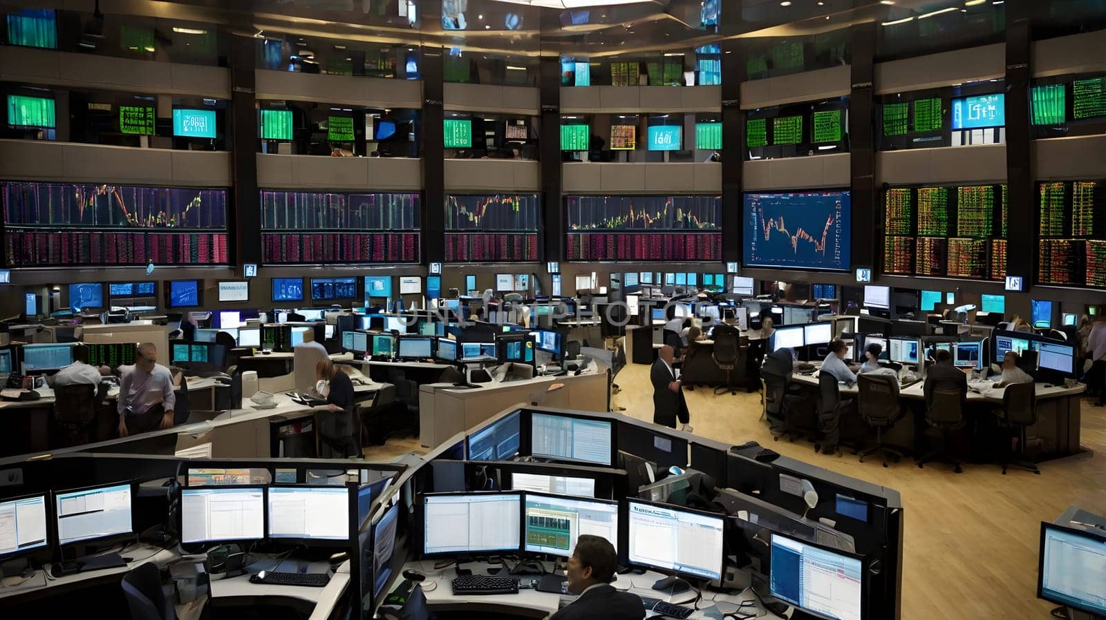A bustling trading floor filled with traders engaged in buying and selling activities. Large screens around the room display vibrant stock market data and charts. Traders concentrate on their tasks, communicating with colleagues and monitoring fluctuations in real time. The atmosphere is dynamic and fast-paced, characteristic of a busy financial institution.