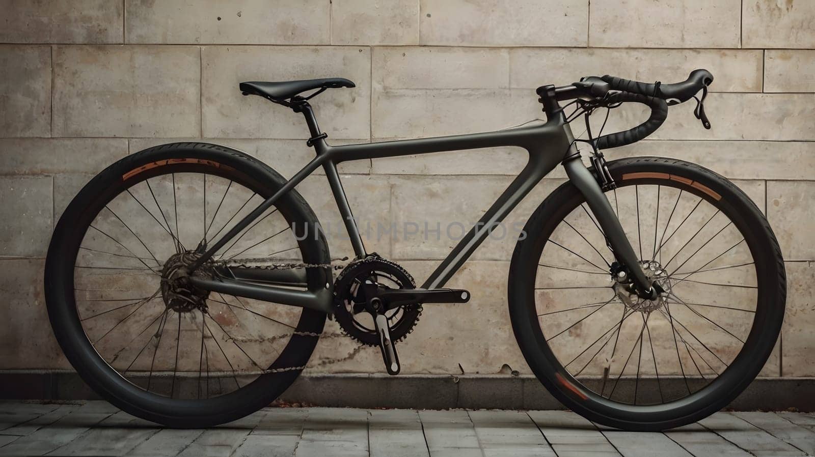 A sleek, high-performance bicycle with a minimalist design stands against a textured concrete wall on a tiled surface. The bike's black finish complements the urban environment, showcasing its advanced features and sturdy build, ideal for both commuting and recreational rides.