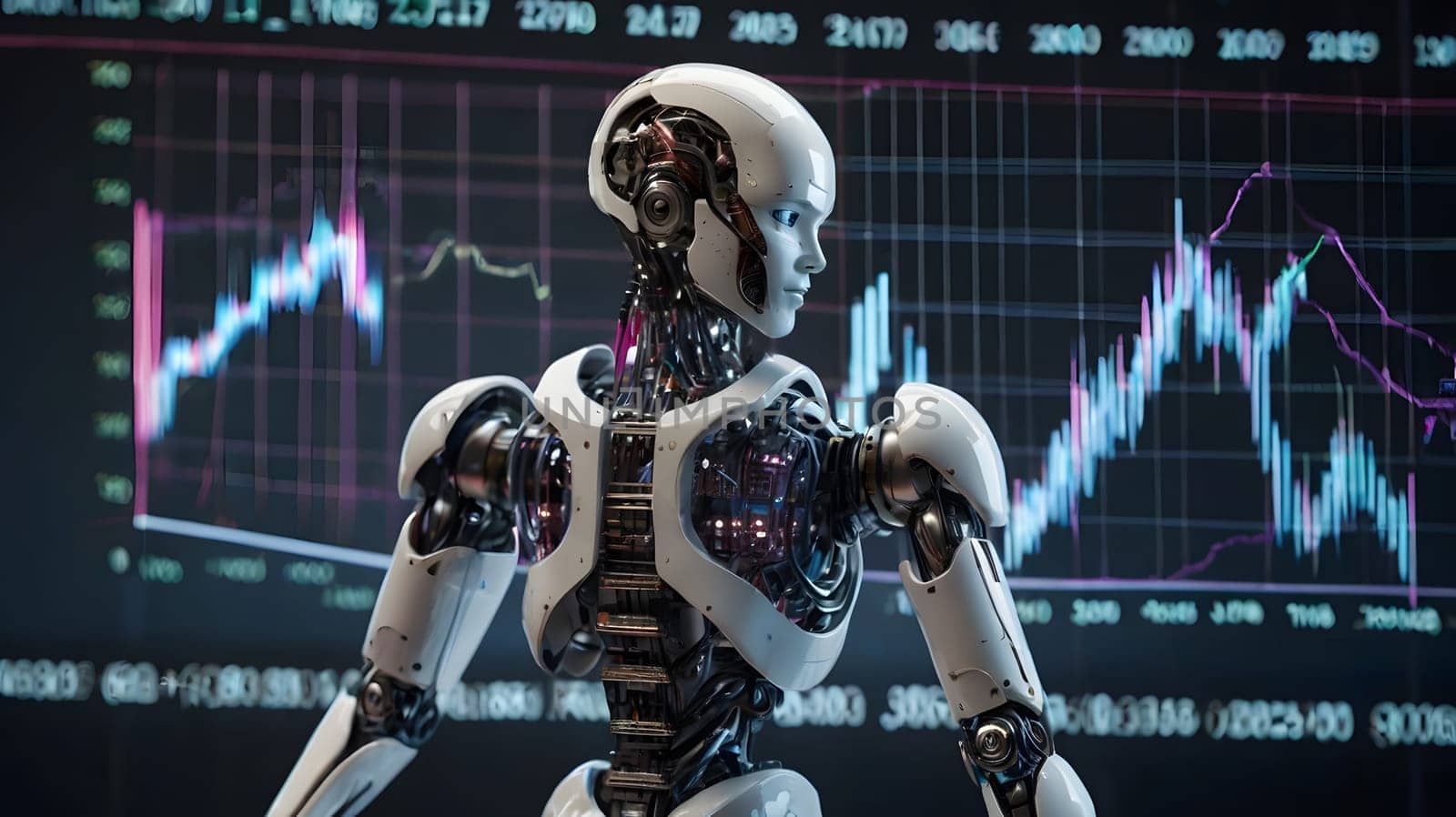 A humanoid robot stands attentively in front of dynamic financial data displays, with graphs illustrating market trends and stock fluctuations. The intricate design of the robot showcases advanced technology, blending seamlessly into a high-tech trading atmosphere.