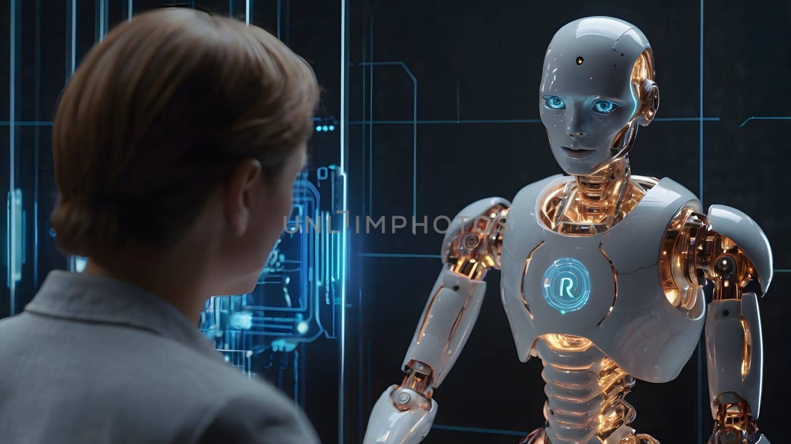 A woman engages in conversation with an advanced humanoid robot in a high-tech laboratory. The robot displays glowing blue eyes and a metallic body, showcasing intricate circuitry. The environment is filled with digital screens and futuristic designs, emphasizing the cutting-edge technology involved in artificial intelligence.