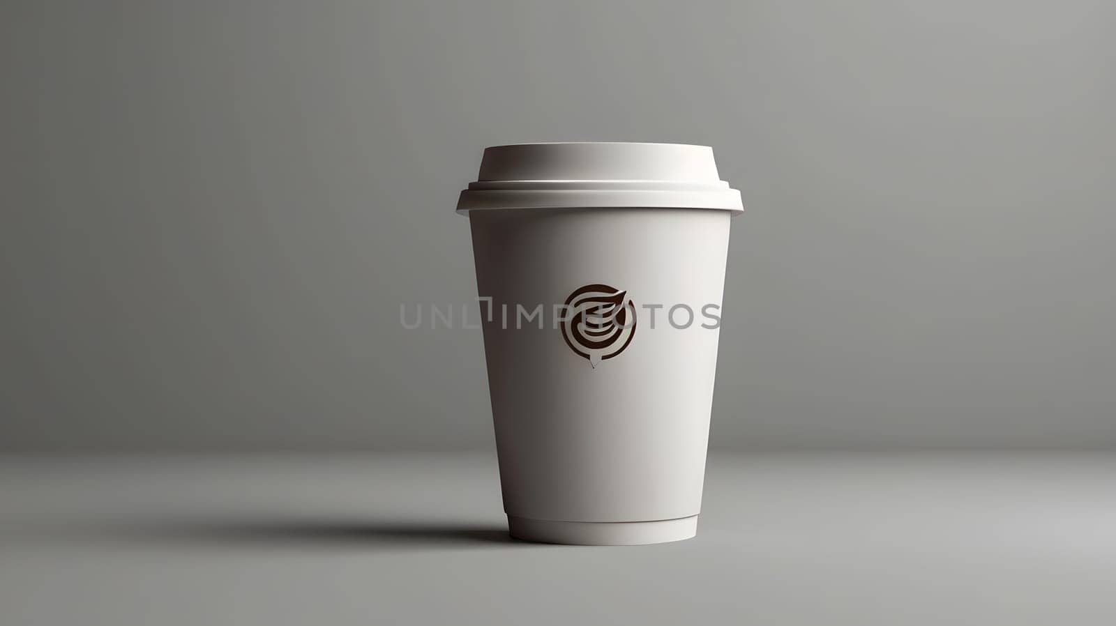 A plain white coffee cup is positioned on a smooth gray surface, featuring a minimalist design. The cup stands alone, highlighting its clean lines and subtle elegance. The setting provides a serene and modern atmosphere, emphasizing the simplicity of the object.