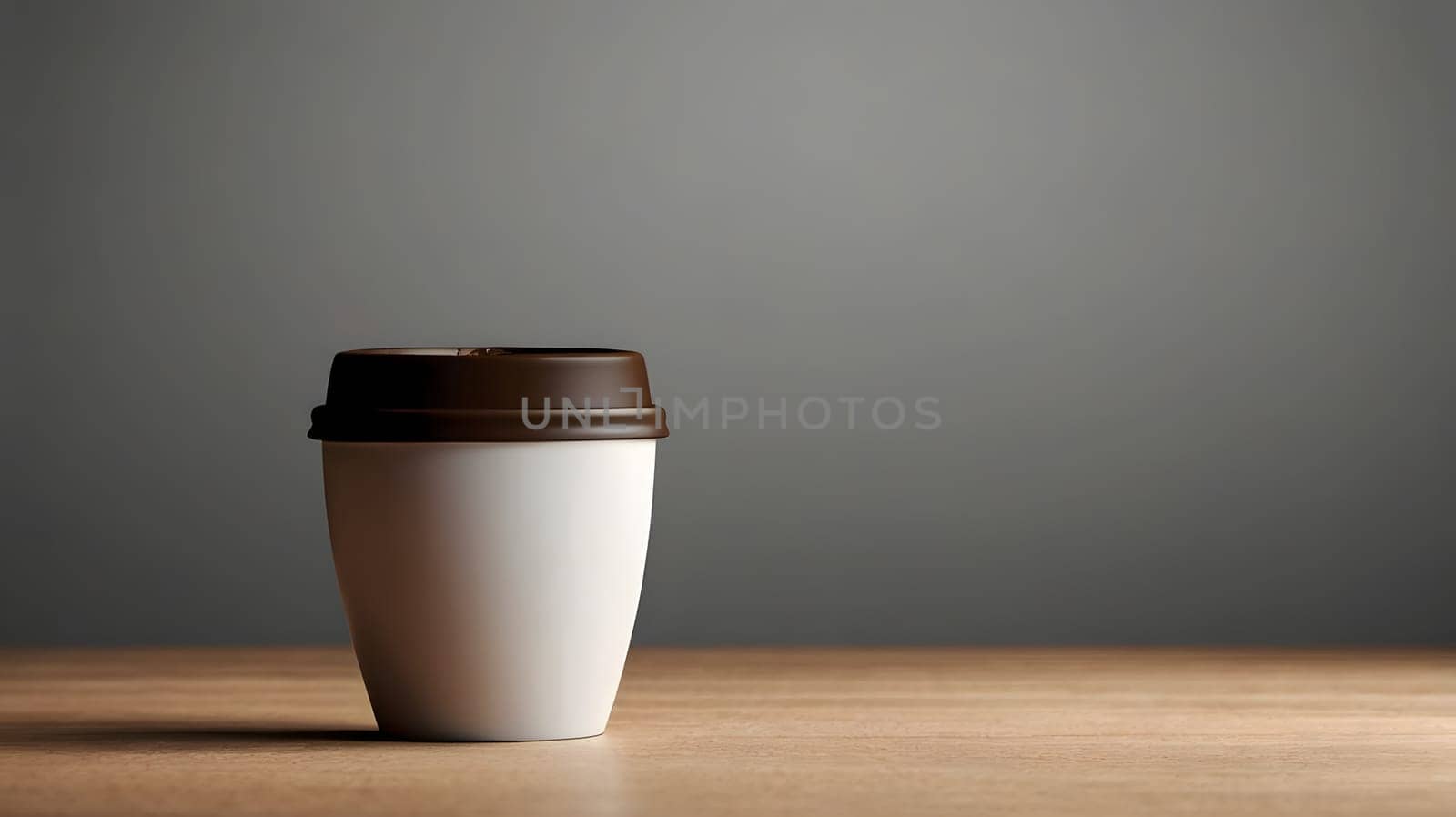 A white coffee cup with a brown lid rests on a wooden table. The background features a smooth gray surface. The soft morning light highlights the cup, creating a calm atmosphere ideal for enjoying a warm beverage.