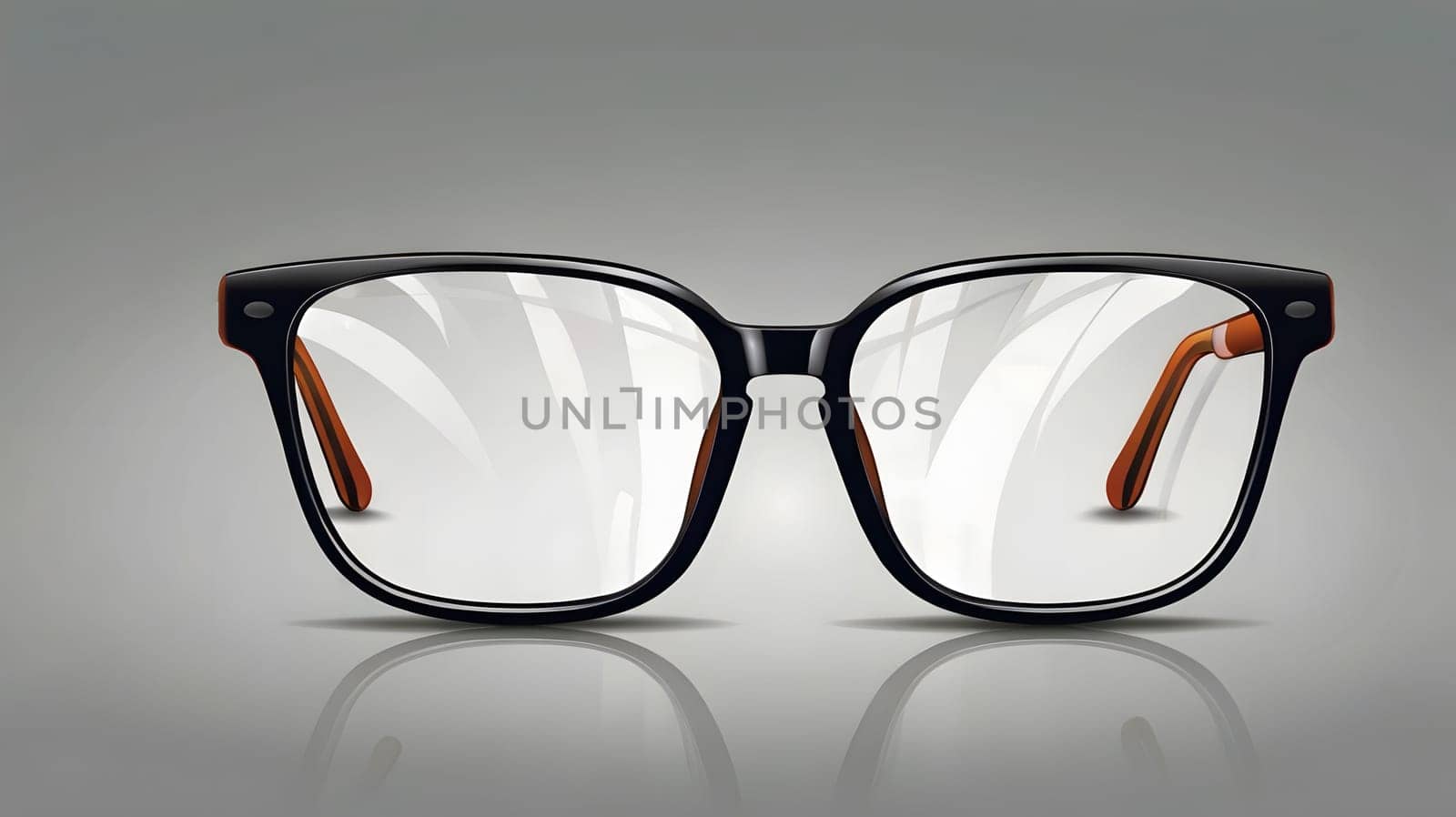 A pair of modern black and brown prescription glasses is displayed prominently on a smooth neutral gray background. The lenses are clear, emphasizing their stylish frames and sleek design.