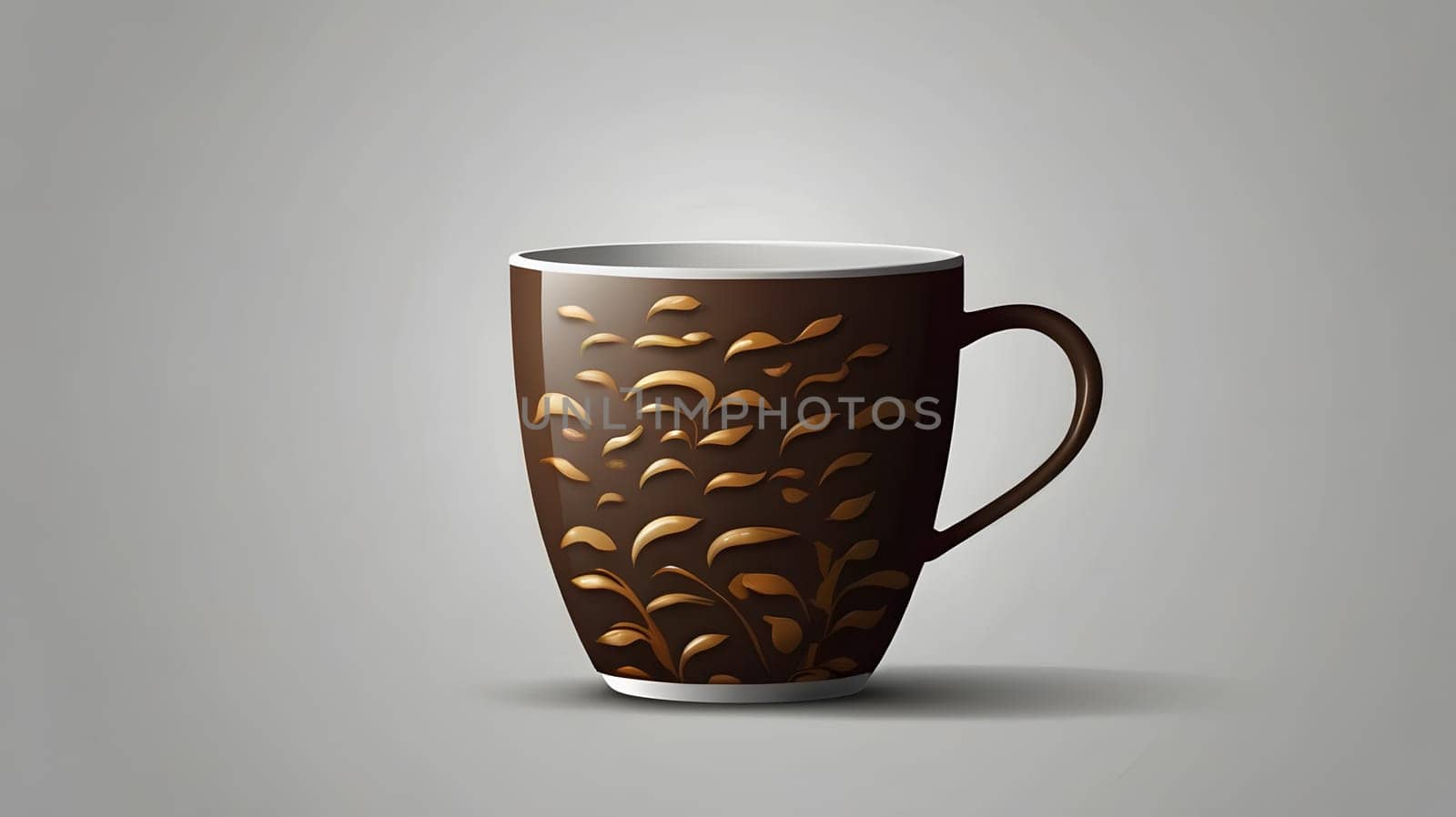 A beautifully crafted brown mug features intricate leaf designs that wrap around its surface. The mug is positioned against a soft gray background, enhancing its artistic detail. The smooth finish and unique pattern make it a perfect item for coffee enthusiasts or collectors.
