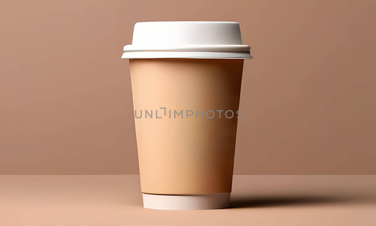 A brown disposable coffee cup stands upright on a flat surface, illuminated by soft studio lighting that highlights its smooth texture. The neutral background complements the cup's color, creating a minimalist aesthetic.