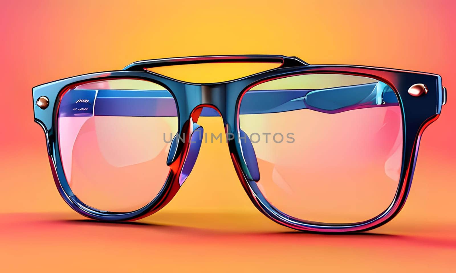 The stylish pair of sunglasses is prominently displayed against a vivid gradient background showcasing hues of orange and pink. The reflective lenses create an eye-catching effect, highlighting the modern design and bold colors of the frames.