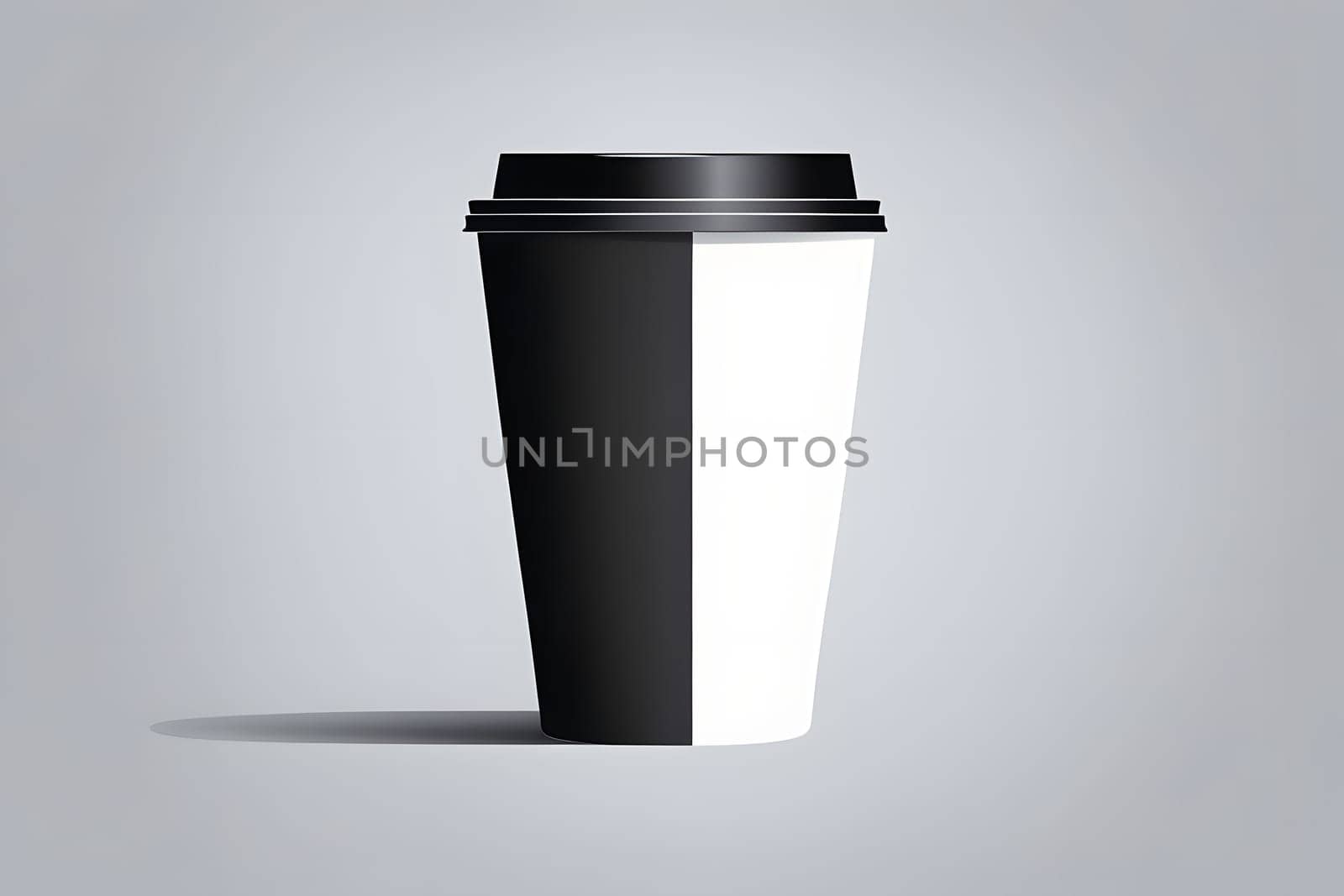 The coffee cup features a striking black and white geometric design, standing upright against a plain gray background. This minimalist approach highlights the sleek lines and modern aesthetic of the cup, making it a unique addition to any coffee lover's collection.