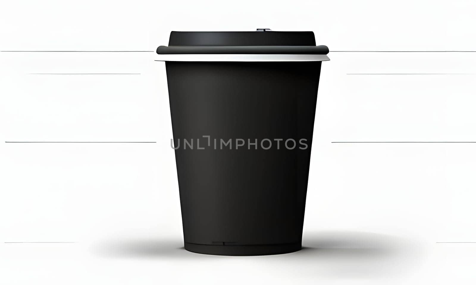 A black coffee cup is positioned centrally on a minimalist surface with a plain background. The cup features a white lid and showcases a sleek design, emphasizing simplicity. The lighting highlights the contours of the cup, creating a modern aesthetic.