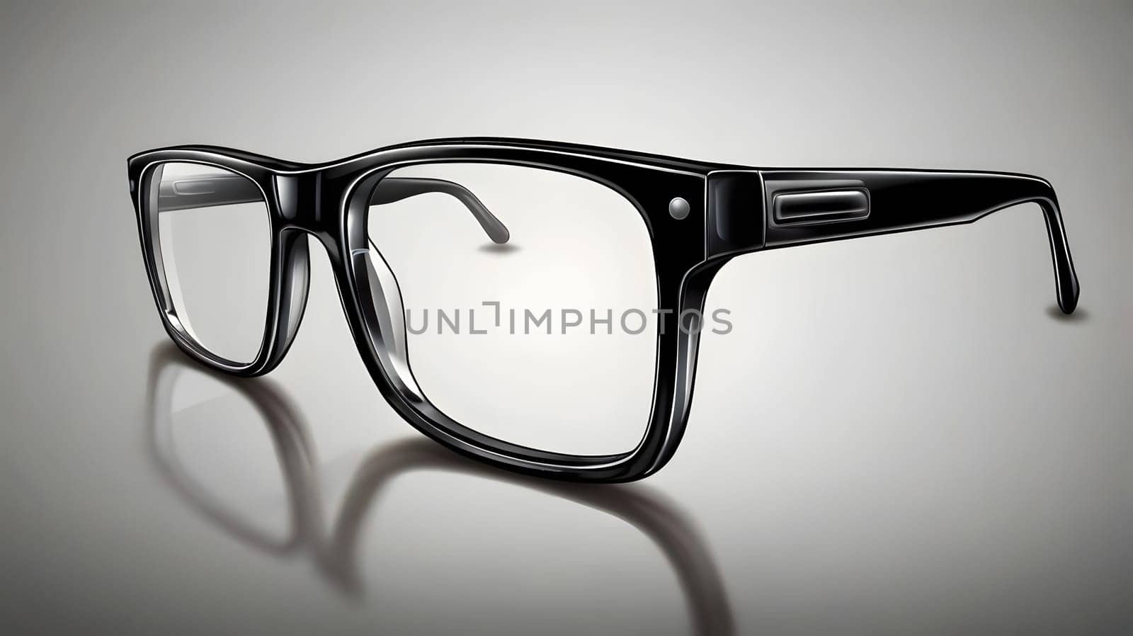 A pair of classic black eyeglasses with thick frames is prominently displayed on a smooth, reflective surface. The glasses showcase a timeless design, perfect for both fashion and functionality. The lighting highlights the sleek contours and clear lenses, making them an eye-catching accessory.