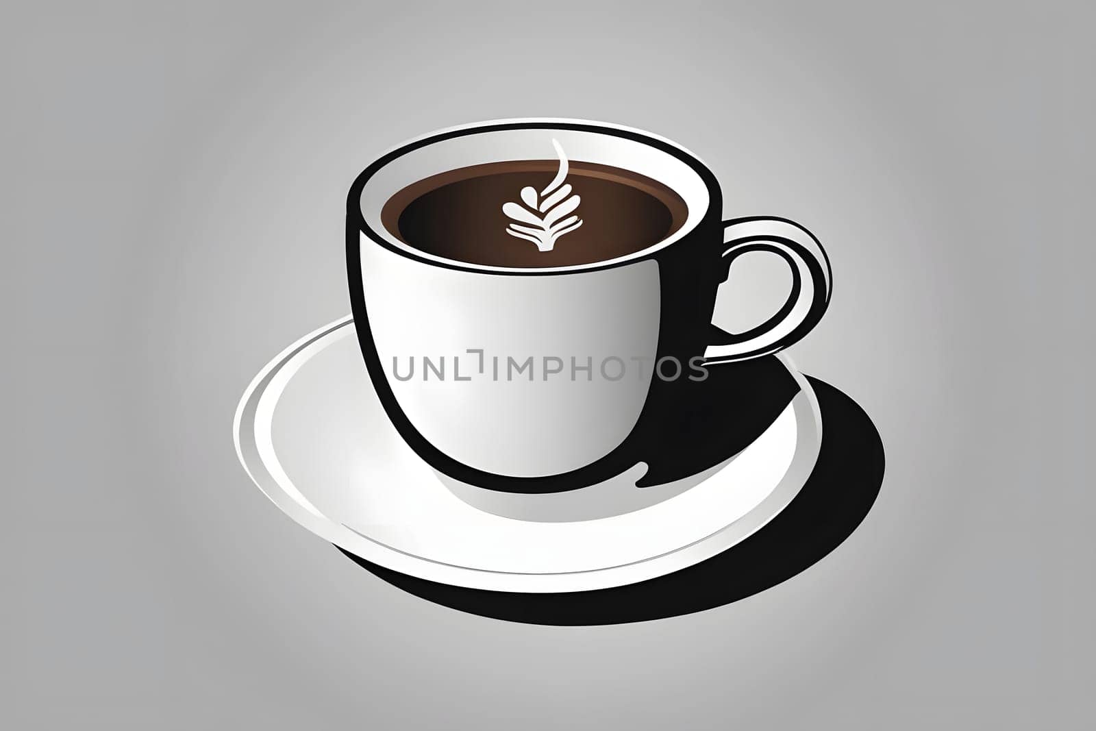A bright and inviting white coffee cup rests on a clean, simple saucer, displaying a beautiful leaf design in the rich brown coffee. The backdrop features a soft gray tone, enhancing the aesthetic and drawing attention to the elegance of the cup.