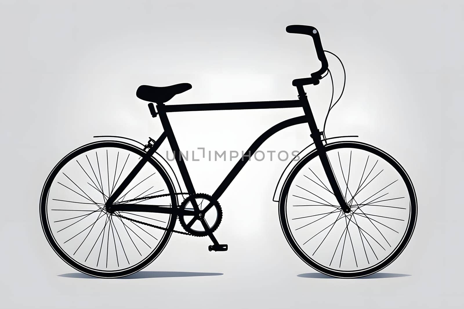 A detailed representation of a classic black bicycle is presented against a neutral background. This design highlights the bicycle's sleek lines, simple structure, and functional features, emphasizing its timeless appeal.