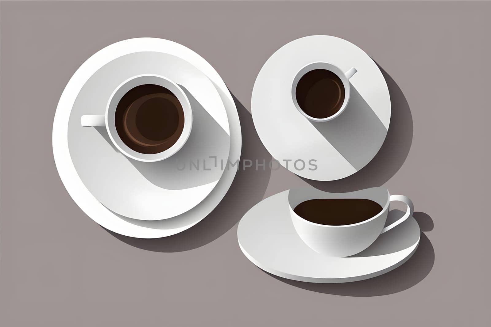 A harmonious display of three coffee cups in varying sizes rests atop circular plates. The warm brown liquid contrasts elegantly with the white ceramic. The composition highlights a refined aesthetics that captures the essence of a calm coffee moment.