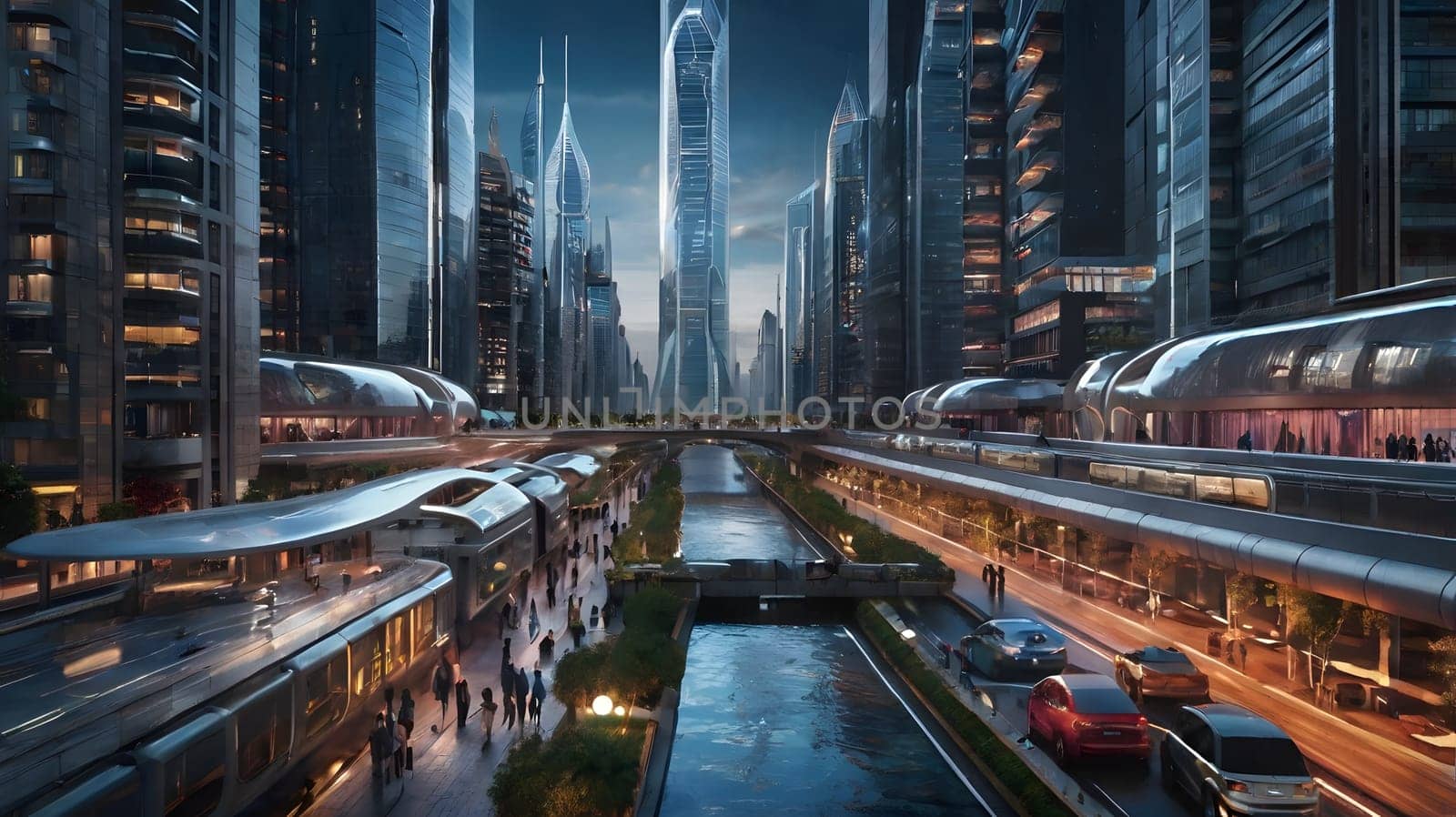 As twilight descends, a vibrant urban landscape comes to life, showcasing towering skyscrapers and a busy waterway. People stroll along the paths while futuristic transport systems glide overhead, blending nature and technology seamlessly.