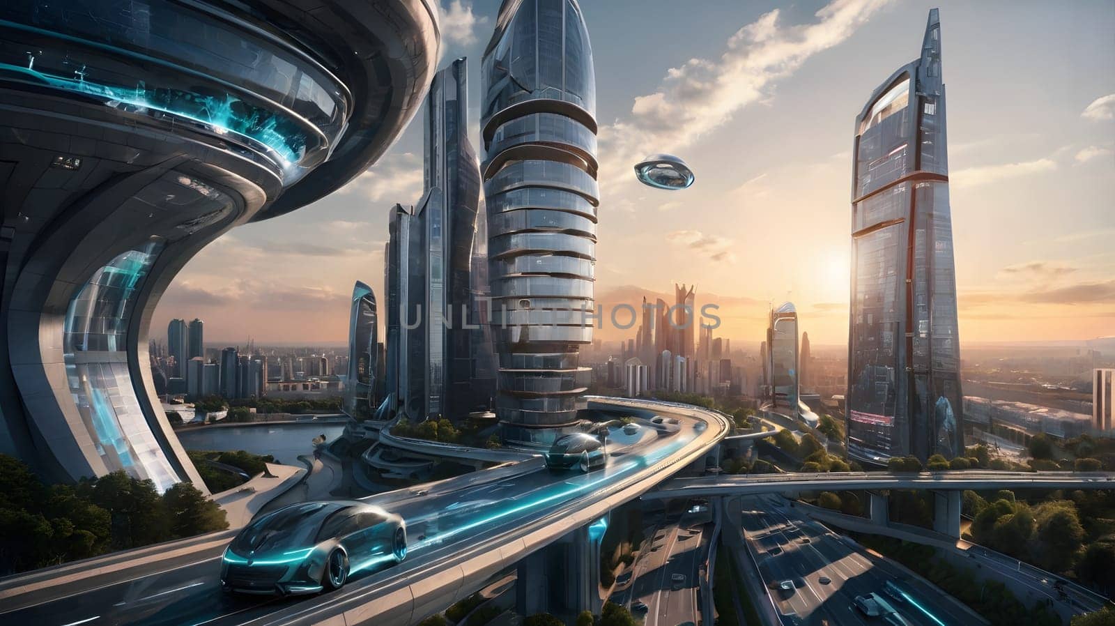 A bustling futuristic city showcases sleek architecture and innovative transportation. Autonomous vehicles glide along elevated highways under glowing structures. The skyline is filled with towering skyscrapers as the sun sets, casting a warm glow over the urban landscape.