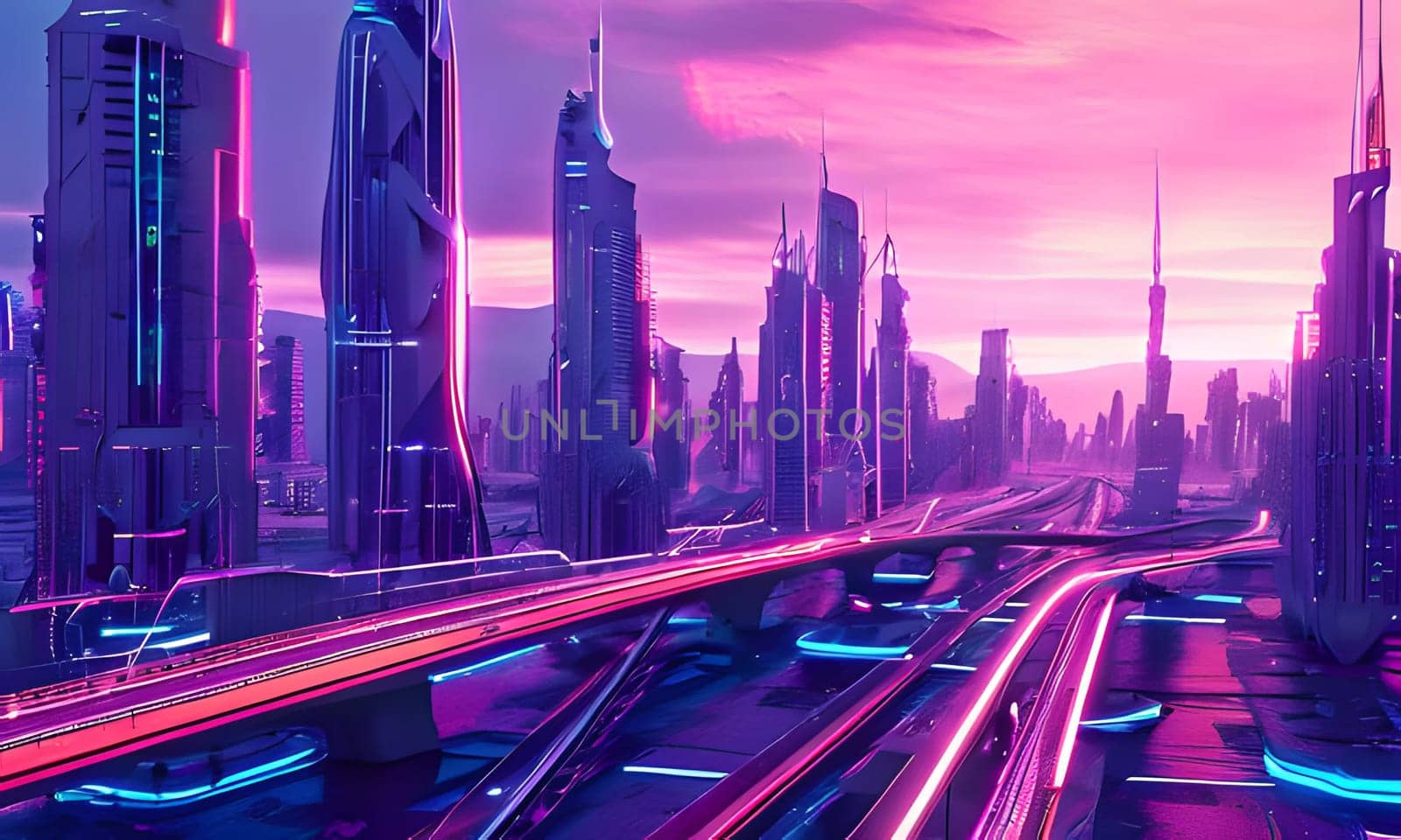The skyline is filled with towering skyscrapers illuminated in vibrant hues of pink and purple against a dusky sky. Futuristic architecture dominates the view, with dynamic light trails from vehicles speeding along the elevated overpass. A sense of energy and movement pervades the bustling urban environment, showcasing the blend of technology and nightlife.