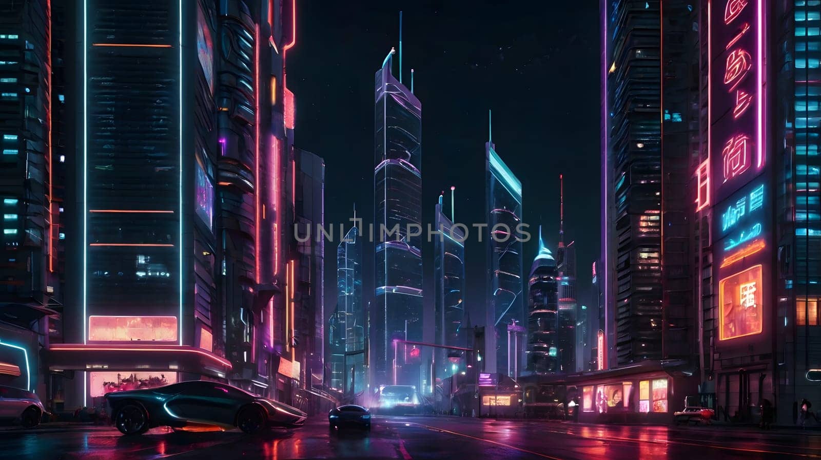 A bustling city at night is illuminated by vibrant neon signs and lights reflecting off modern skyscrapers. Sleek vehicles glide along the empty streets, creating a sense of serenity amidst the urban chaos, while colorful billboards enhance the futuristic atmosphere.