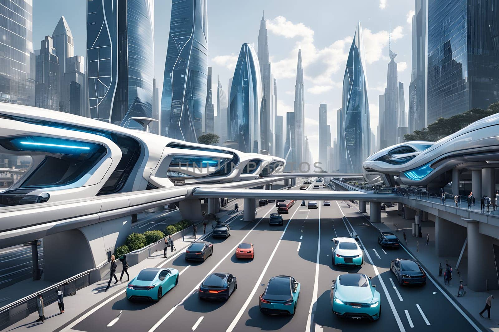 A bustling urban environment showcases advanced architecture with sleek skyscrapers reflecting sunlight. Autonomous vehicles navigate the multi-level streets while pedestrians enjoy the modern public spaces. The scene captures a vibrant, innovative future filled with technology.