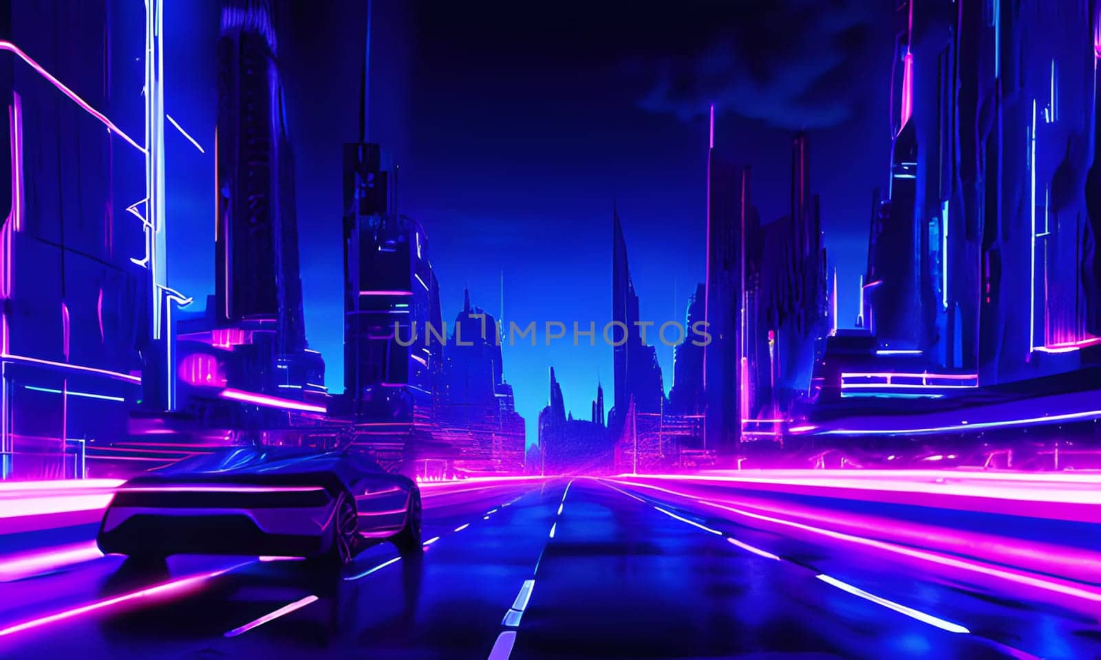 A sleek vehicle speeds through a futuristic city filled with towering skyscrapers illuminated by vibrant neon lights. The night sky casts a rich blue hue, creating an electrifying atmosphere. The empty road reflects the bright colors, enhancing the sense of motion.