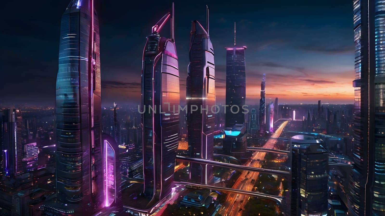 The skyline showcases a cluster of towering skyscrapers, bathed in neon colors as dusk approaches. The vibrant lights illuminate the bustling streets below, highlighting the modern architecture and design. A horizon filled with hues of purple and orange adds to the futuristic atmosphere.