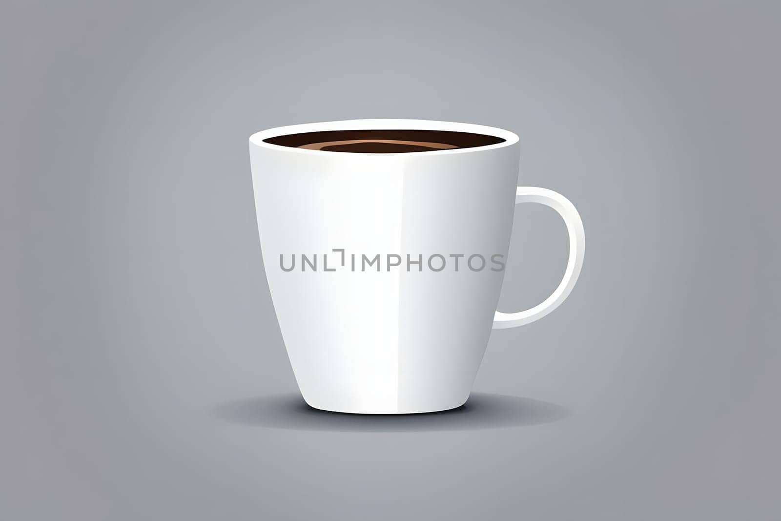 A plain white coffee mug sits in the center, filled to the brim with dark coffee. The minimalist design contrasts with a neutral gray background, emphasizing the mug's shape and contents.