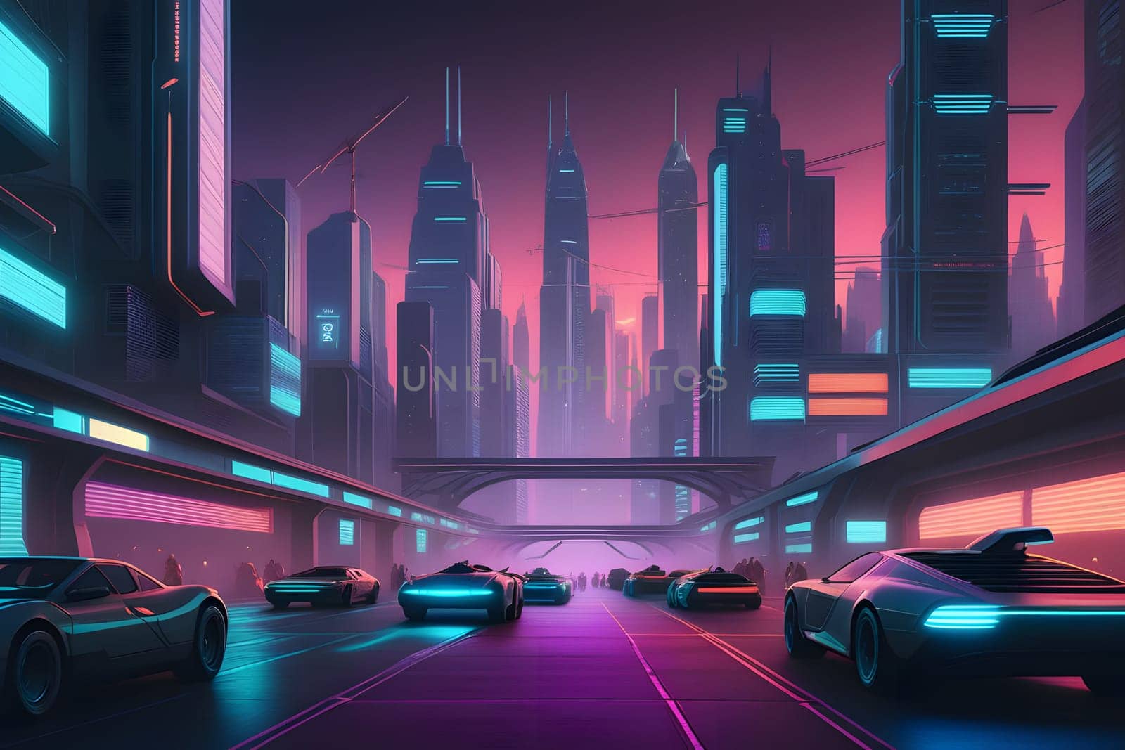A vibrant cityscape glows with neon lights as high-tech vehicles navigate through bustling streets at dusk. Skyscrapers rise majestically in the background, illuminated by colorful billboards, creating a lively atmosphere.