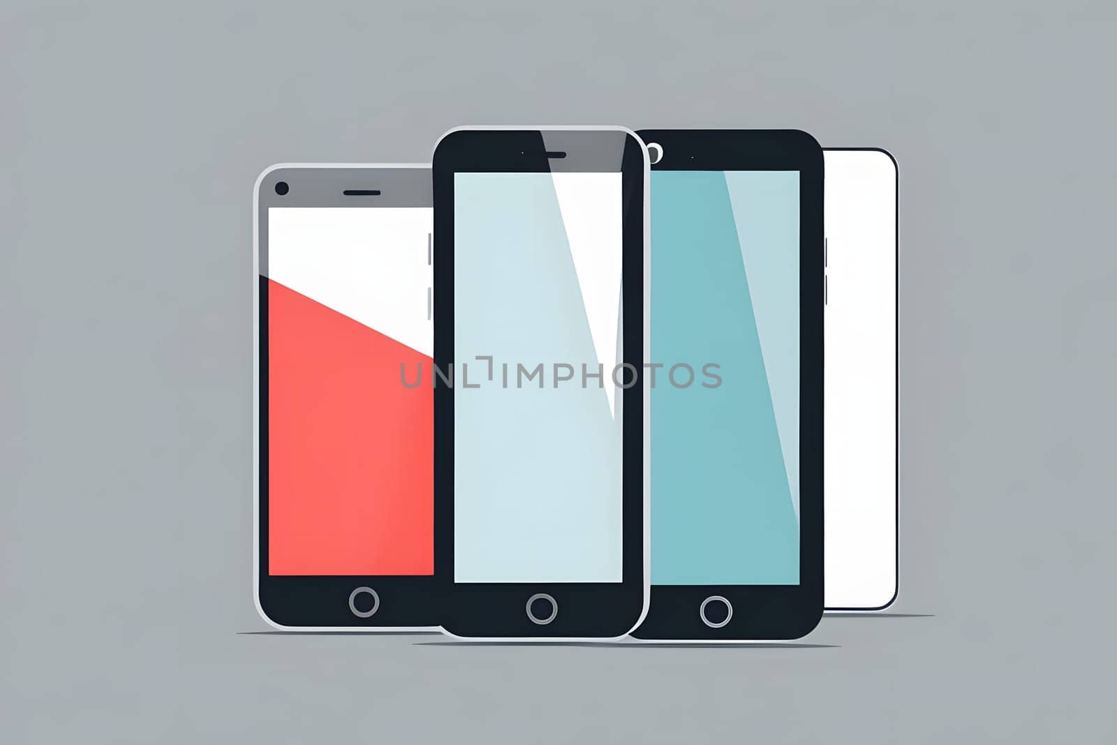 A group of mobile phones with varying designs and colorful screens is positioned against a sleek grey backdrop. The devices exhibit different color arrangements, showcasing modern technology and aesthetic appeal. Their diverse shapes and reflections suggest a blend of functionality and style.