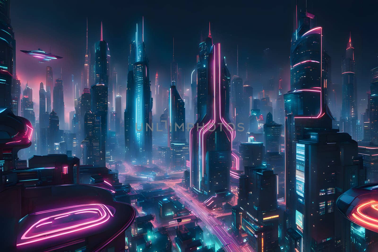 A vibrant city skyline radiates with colorful neon lights. Towering skyscrapers reach into the night sky, showcasing advanced architecture. A hovering vehicle glides through the illuminated streets, emphasizing the futuristic atmosphere. The blend of blue and pink hues offers a striking visual contrast.