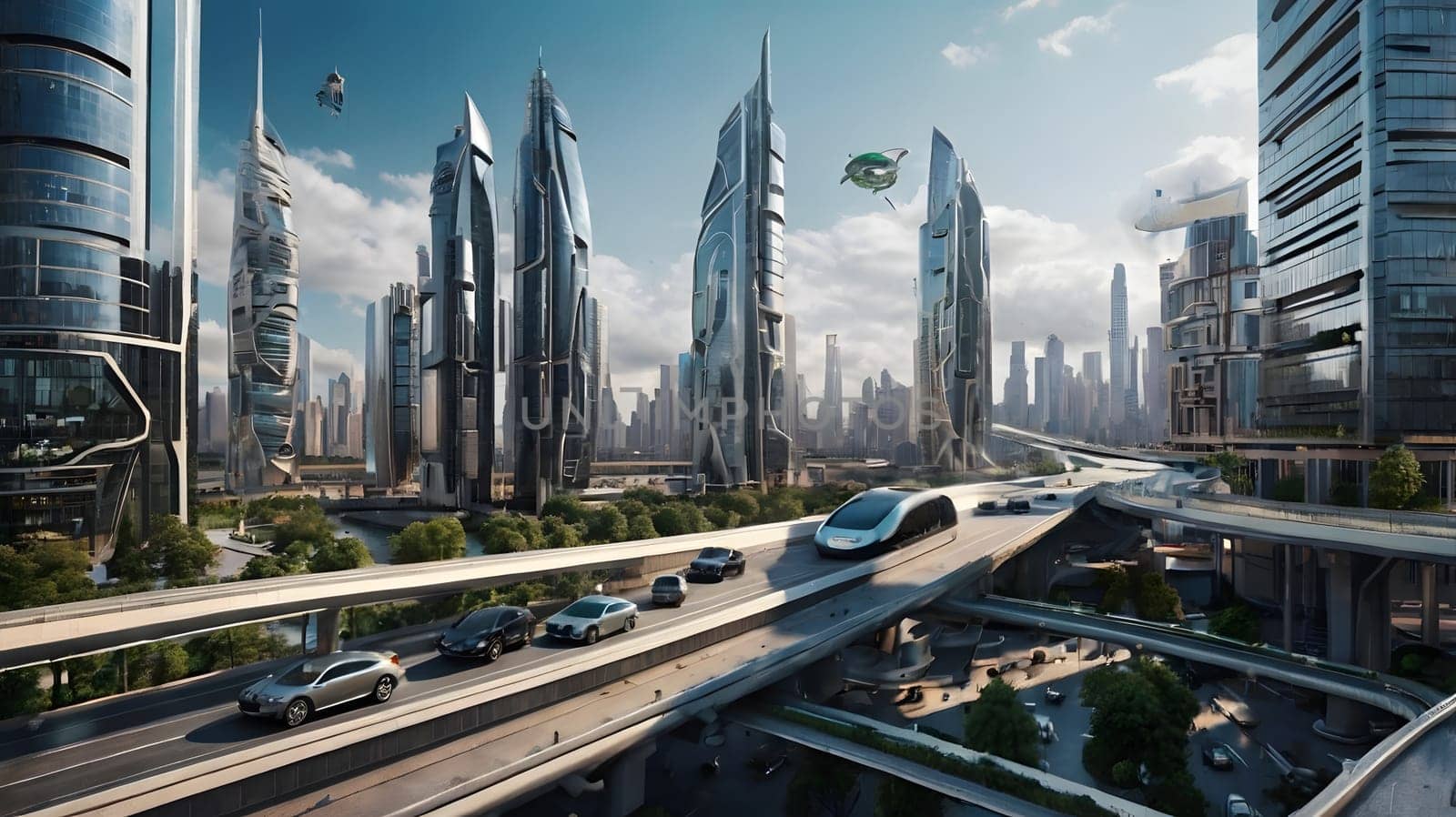 A vibrant urban landscape showcases futuristic skyscrapers with unique architectural designs. The scene features cars on elevated highways, while advanced transport systems move seamlessly among the towering structures. Bright sunlight illuminates the entire city, highlighting its modernity and innovation.