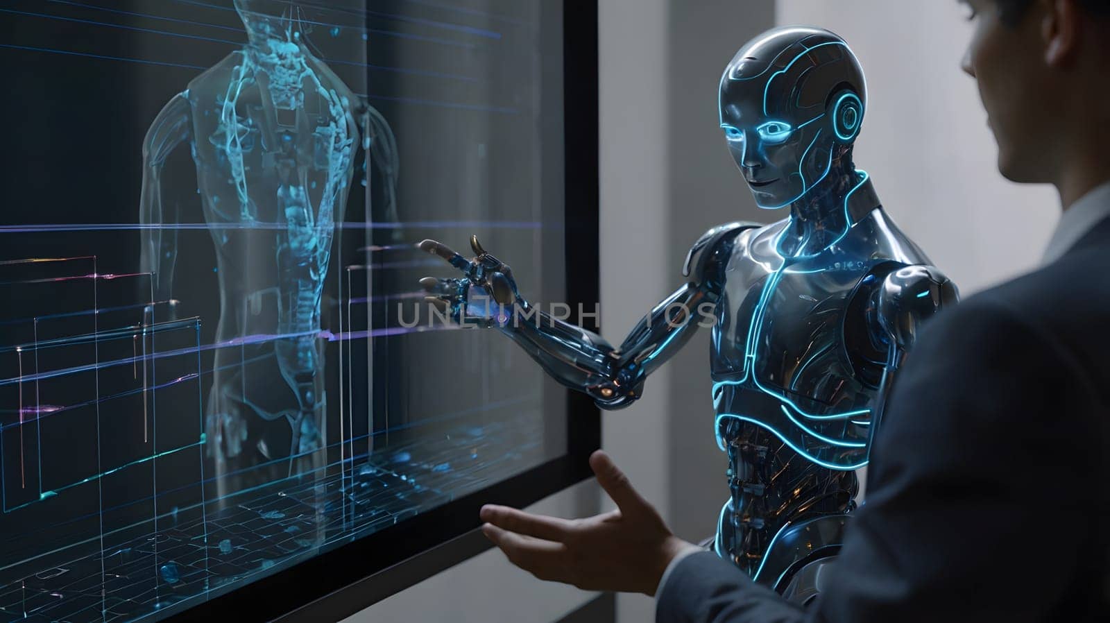 A humanoid robot interacts with a person in a sleek office environment, displaying advanced holographic technology and digital interfaces. The robot gestures while explaining data visualizations on a large screen, showcasing innovations in artificial intelligence.