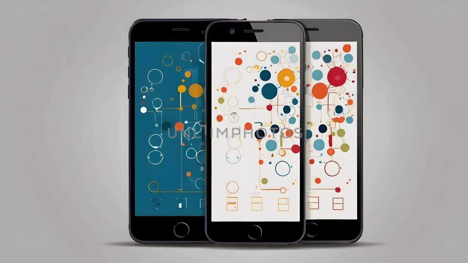 Three sleek smartphones stand side by side, each showcasing vibrant abstract designs featuring colorful circles and geometric shapes. The devices highlight the artistic potential of digital screens, suggesting creativity in modern technology. The background remains neutral, enhancing the visual appeal of the displayed artwork.