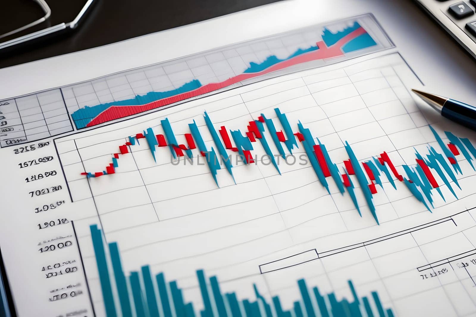 A report displaying various financial market graphs shows fluctuations in stock prices and trading volumes. The colorful charts illustrate data over time, with detailed annotations. A pen and calculator rest beside the documents, highlighting the analytical nature of the report.