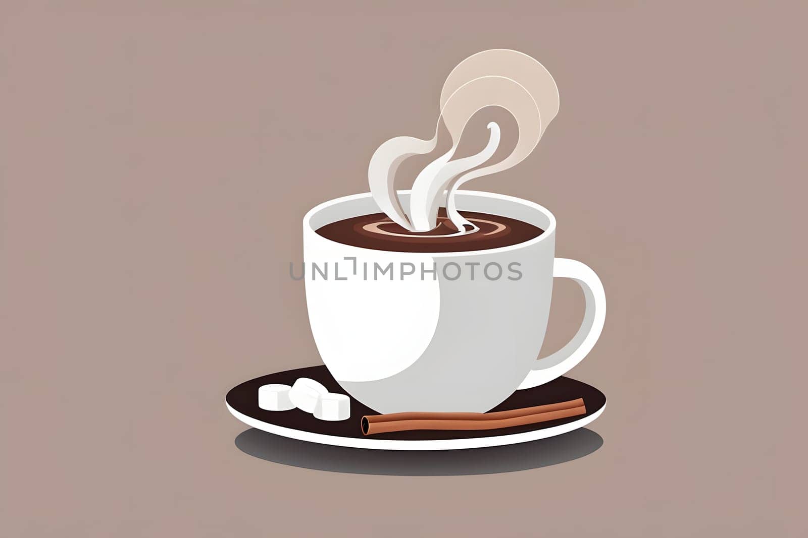 A warm cup of coffee sits on a dark saucer, accompanied by two sugar cubes and a cinnamon stick. Steam rises gently, creating an inviting atmosphere, ideal for cozy mornings or relaxing afternoons.
