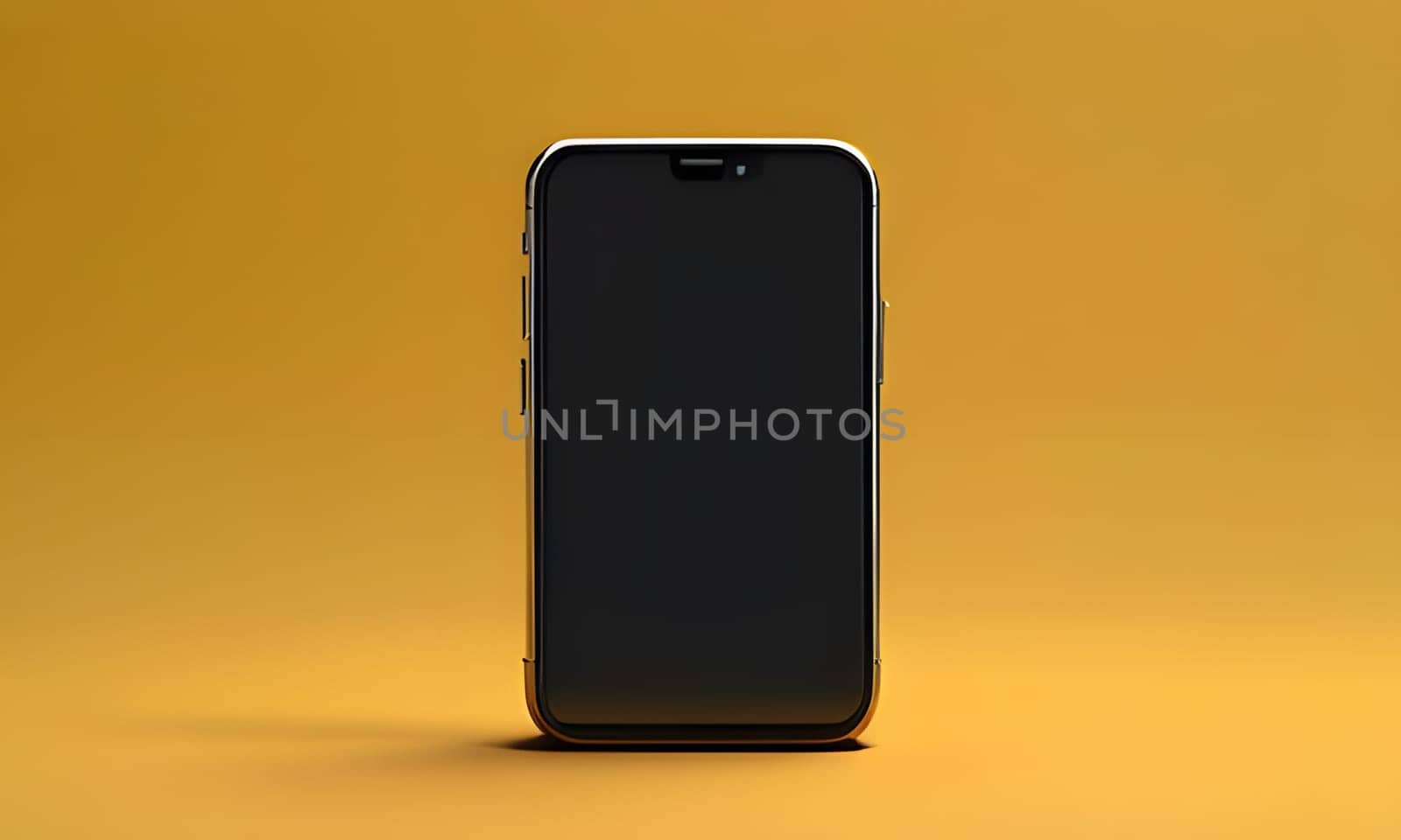 A sleek modern smartphone rests upright on a flat surface, featuring a dark screen that is turned off. The vibrant yellow background creates a striking contrast, emphasizing the device's minimalist design. This setup highlights the smartphone's elegant shape and finish, making it a captivating focal point.