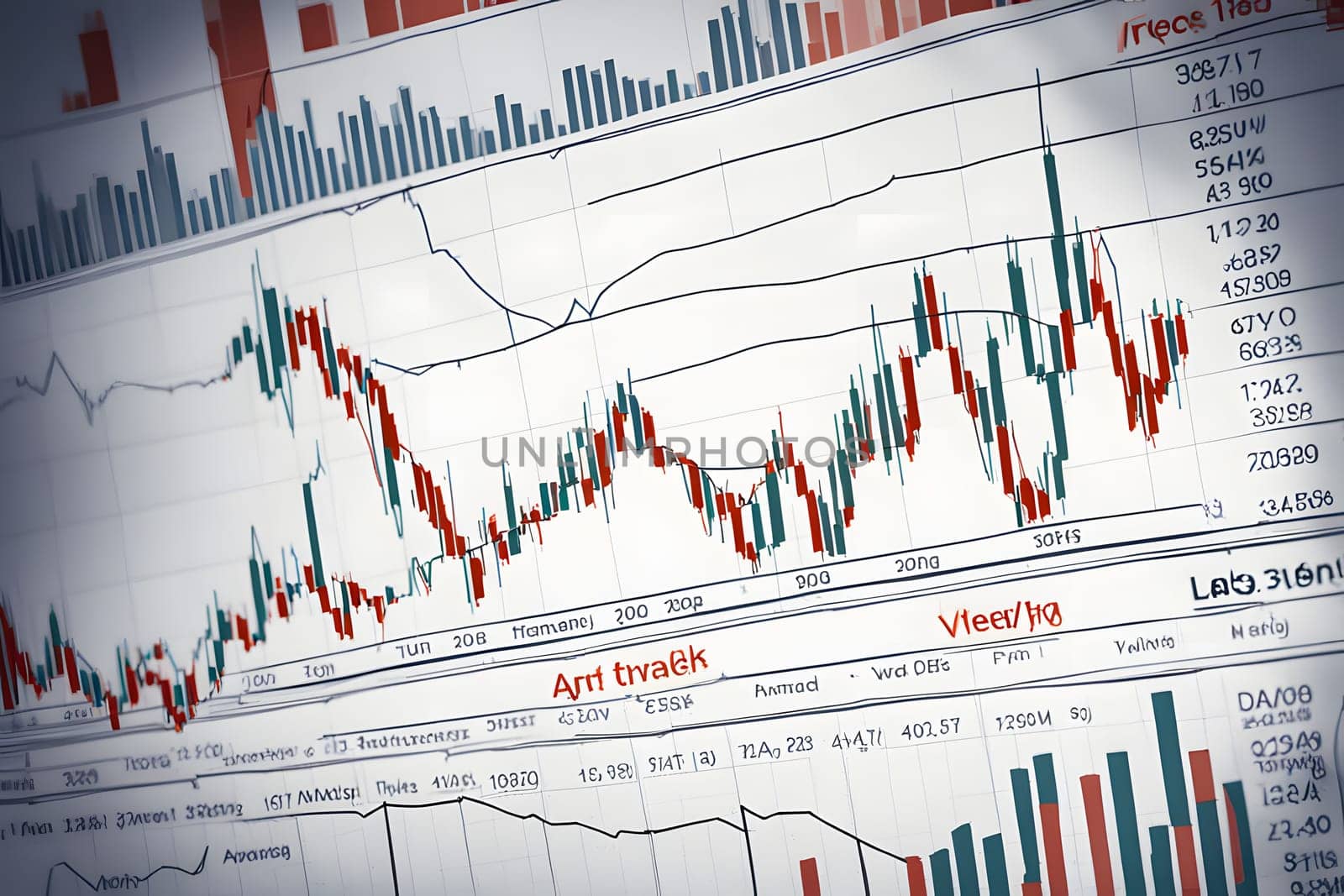 A detailed representation of financial market data showcasing various trading indicators, price movements, and volume metrics across different time periods. The visualization includes colored bars representing bullish and bearish trends, as well as grid lines marking important price levels.