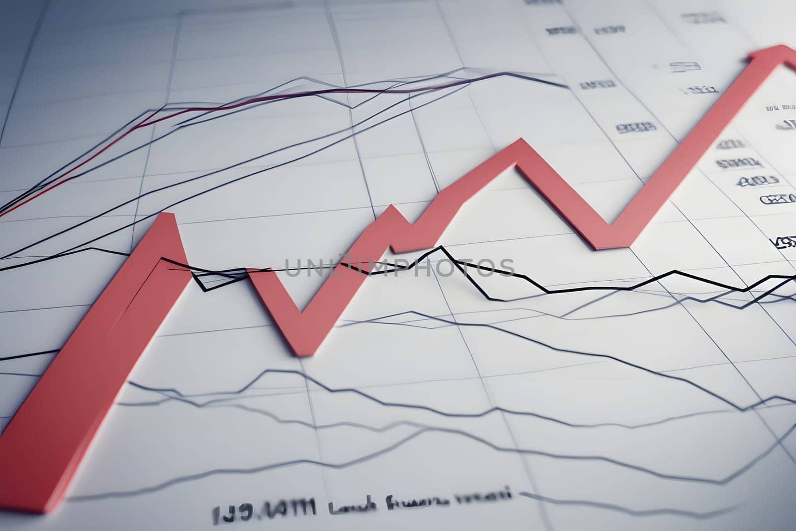 A close-up view of various financial graphs showcases upward trends and fluctuations in data. The red line clearly indicates significant growth, while black lines represent other metrics. This visual representation captures essential business analysis insights.