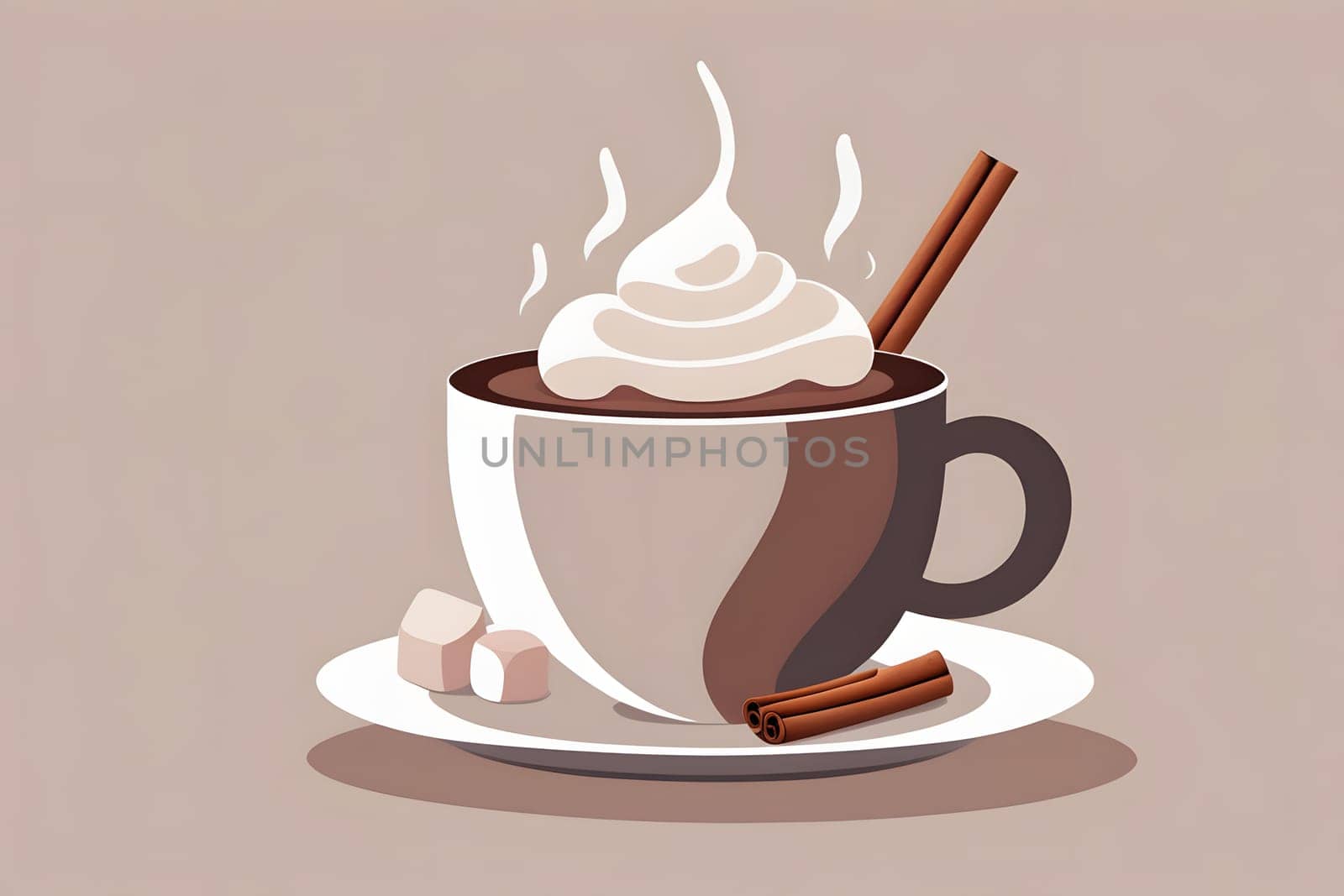 A steaming cup of rich hot chocolate is served with a generous swirl of whipped cream on top. Two cinnamon sticks rest alongside the cup, enhancing the warm and inviting aroma. The white and brown color palette creates a cozy atmosphere perfect for a chilly day.