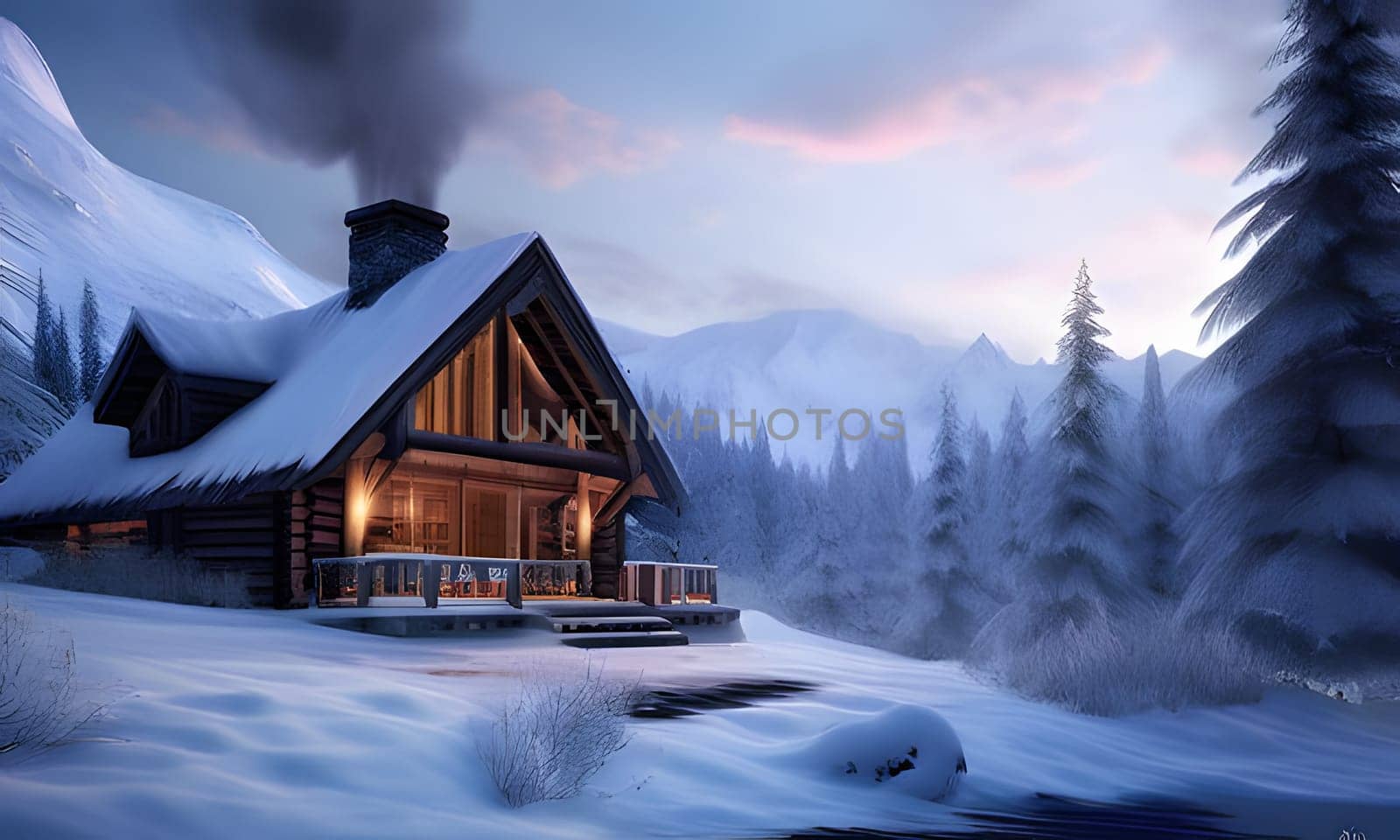 A rustic cabin sits peacefully in a snowy landscape, its chimney releasing wisps of smoke into the cold evening air. Surrounding the cabin are tall evergreen trees blanketed in fresh snow, while the backdrop features majestic mountains under a colorful dusk sky.