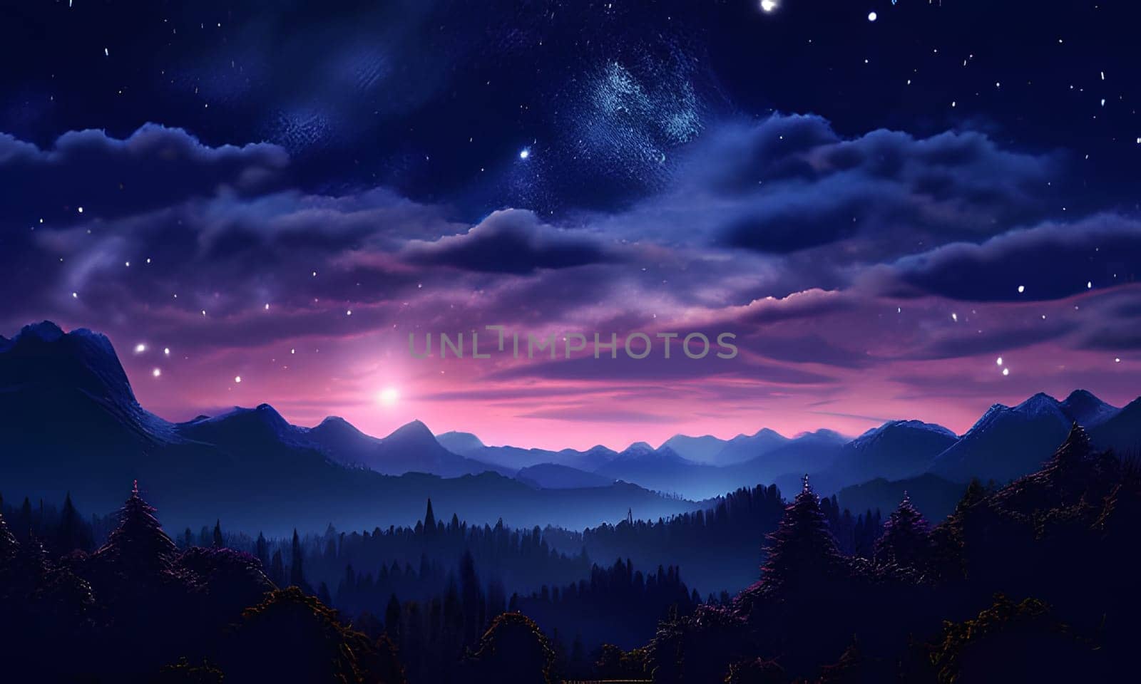 The sky is adorned with countless twinkling stars as twilight descends upon the serene landscape. Mountains stretch into the distance, their silhouettes dark against the vibrant hues of purple and pink in the horizon. Below, deep green forests blanket the valley, creating a breathtaking contrast to the celestial display above.